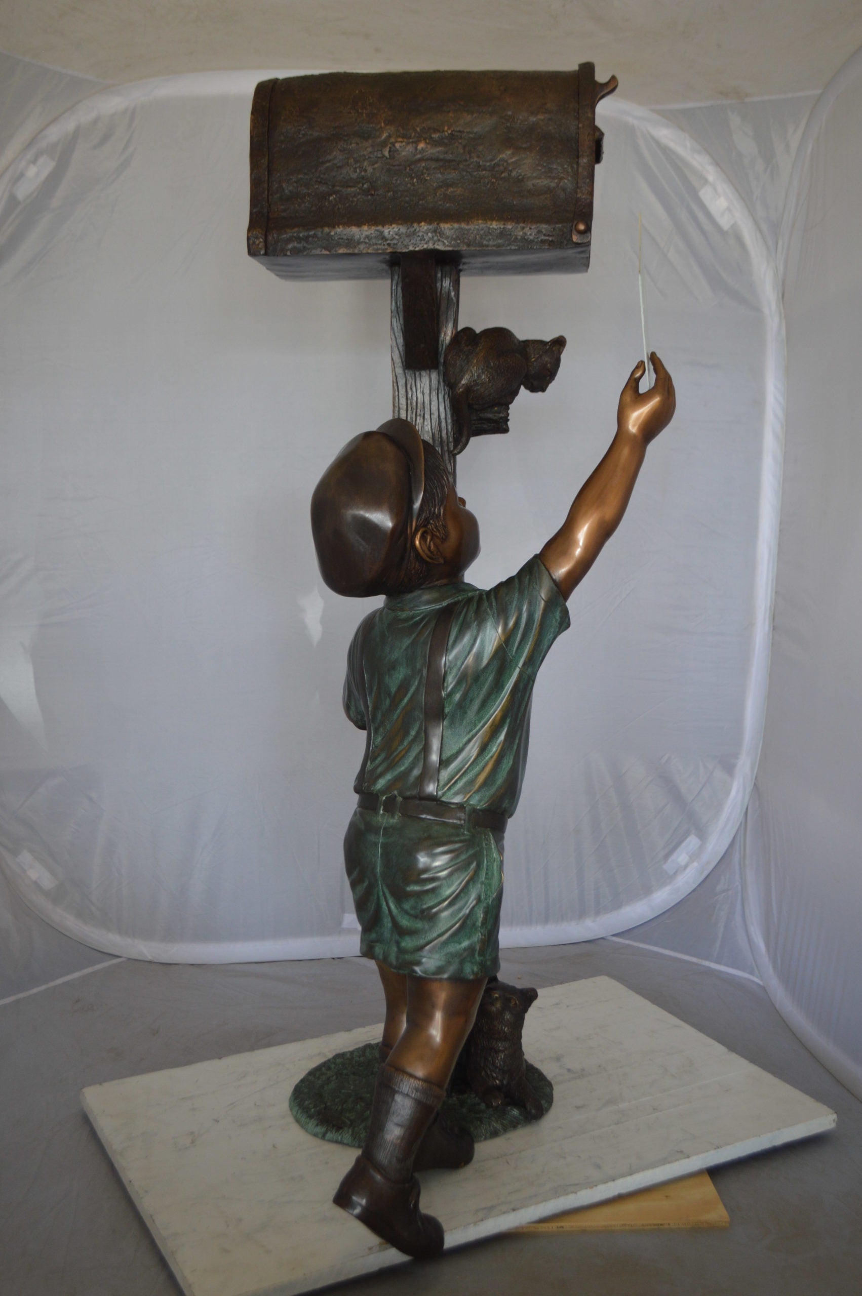 Standing Boy by Mailbox with Two cats  Bronze Statue -  23"x 19"x 50"H. 