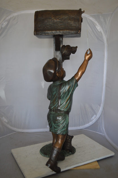 Standing Boy by Mailbox with Two cats  Bronze Statue -  23"x 19"x 50"H. 
