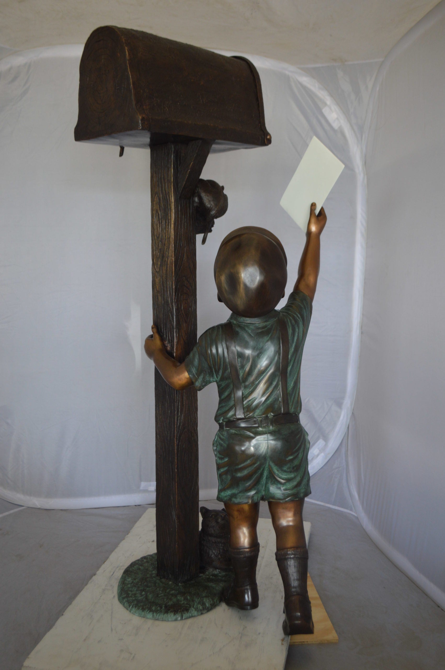 Standing Boy by Mailbox with Two cats  Bronze Statue -  23"x 19"x 50"H. 
