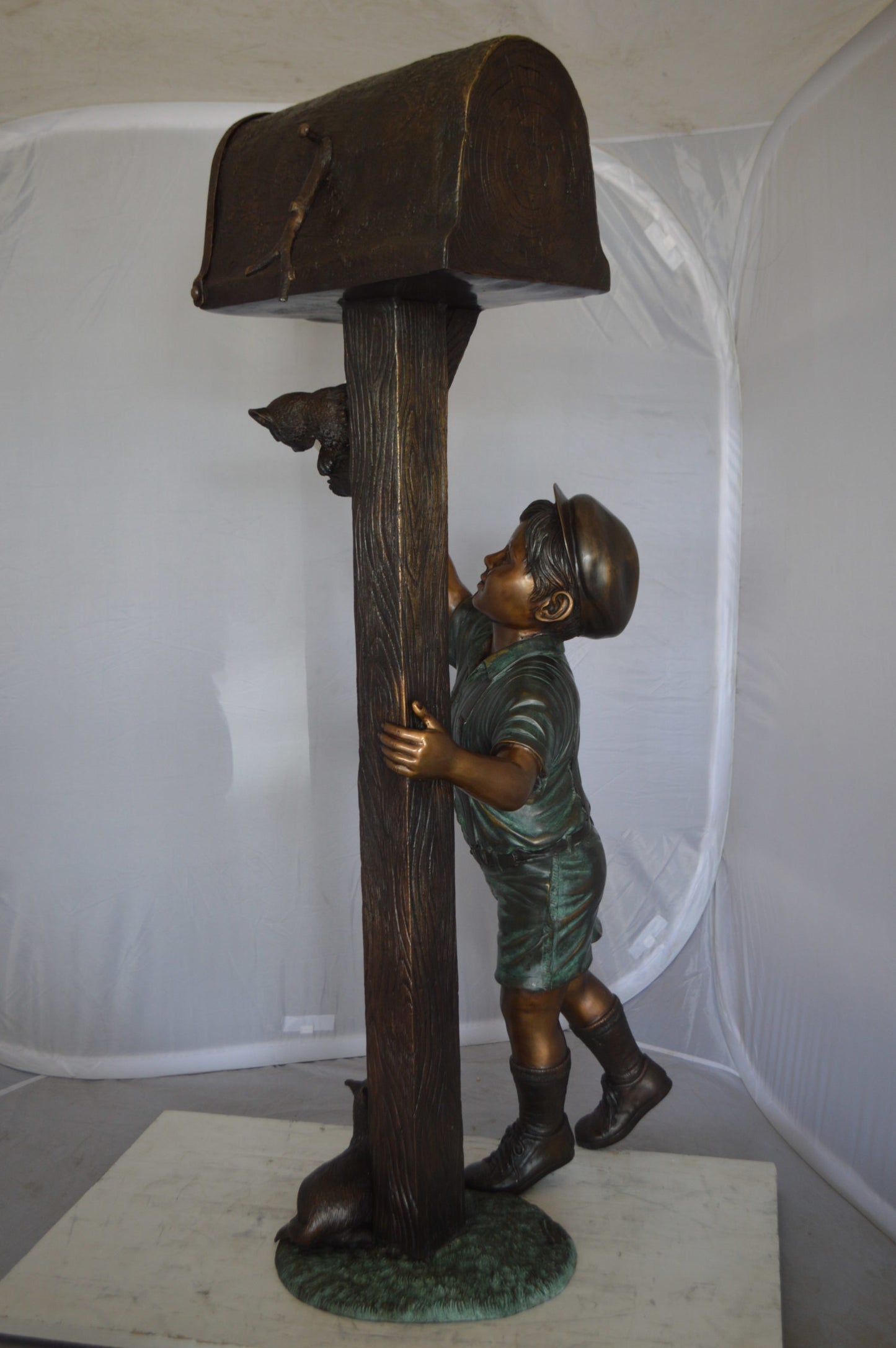 Standing Boy by Mailbox with Two cats  Bronze Statue -  23"x 19"x 50"H. 