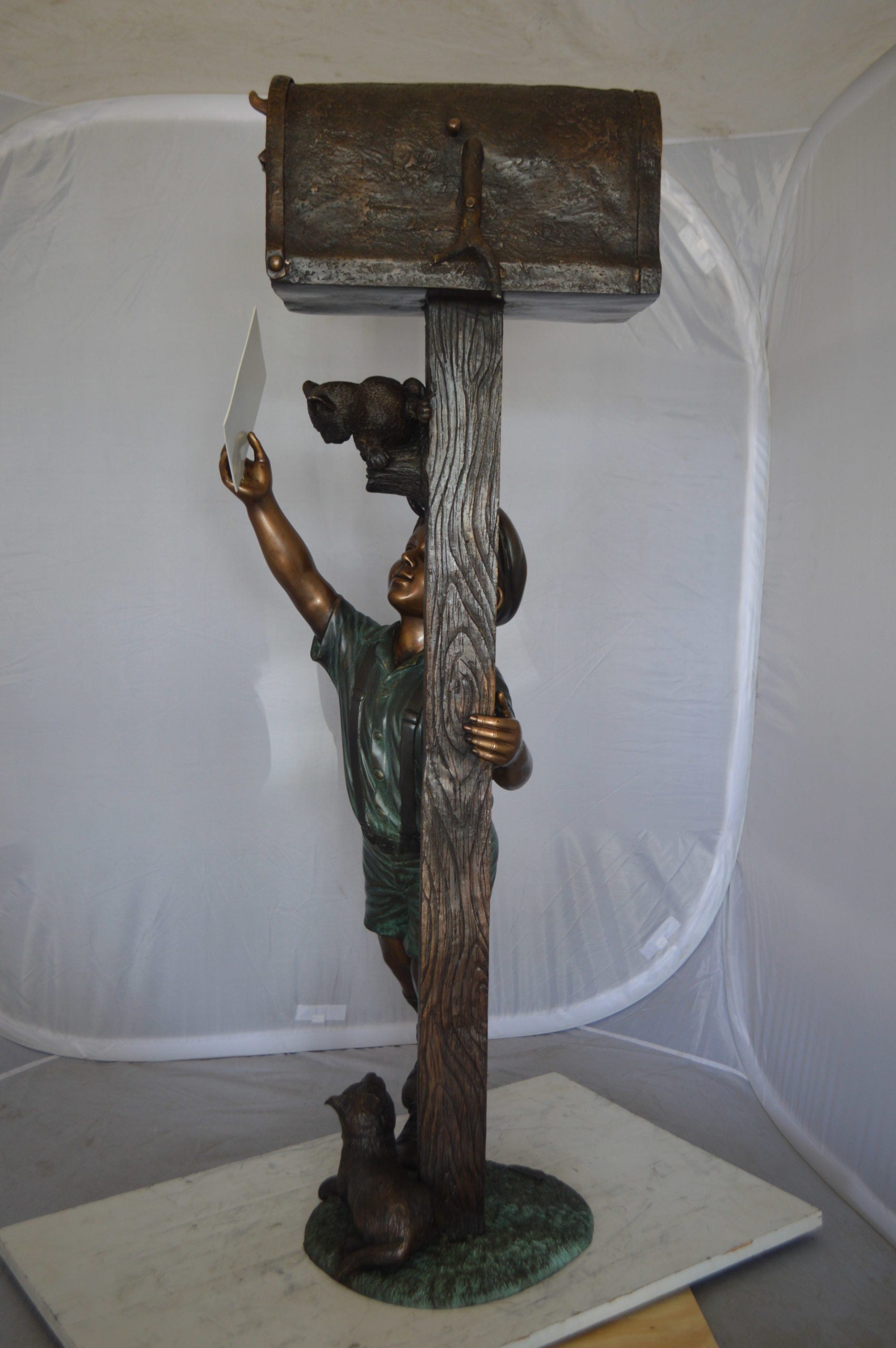 Standing Boy by Mailbox with Two cats  Bronze Statue -  23"x 19"x 50"H. 