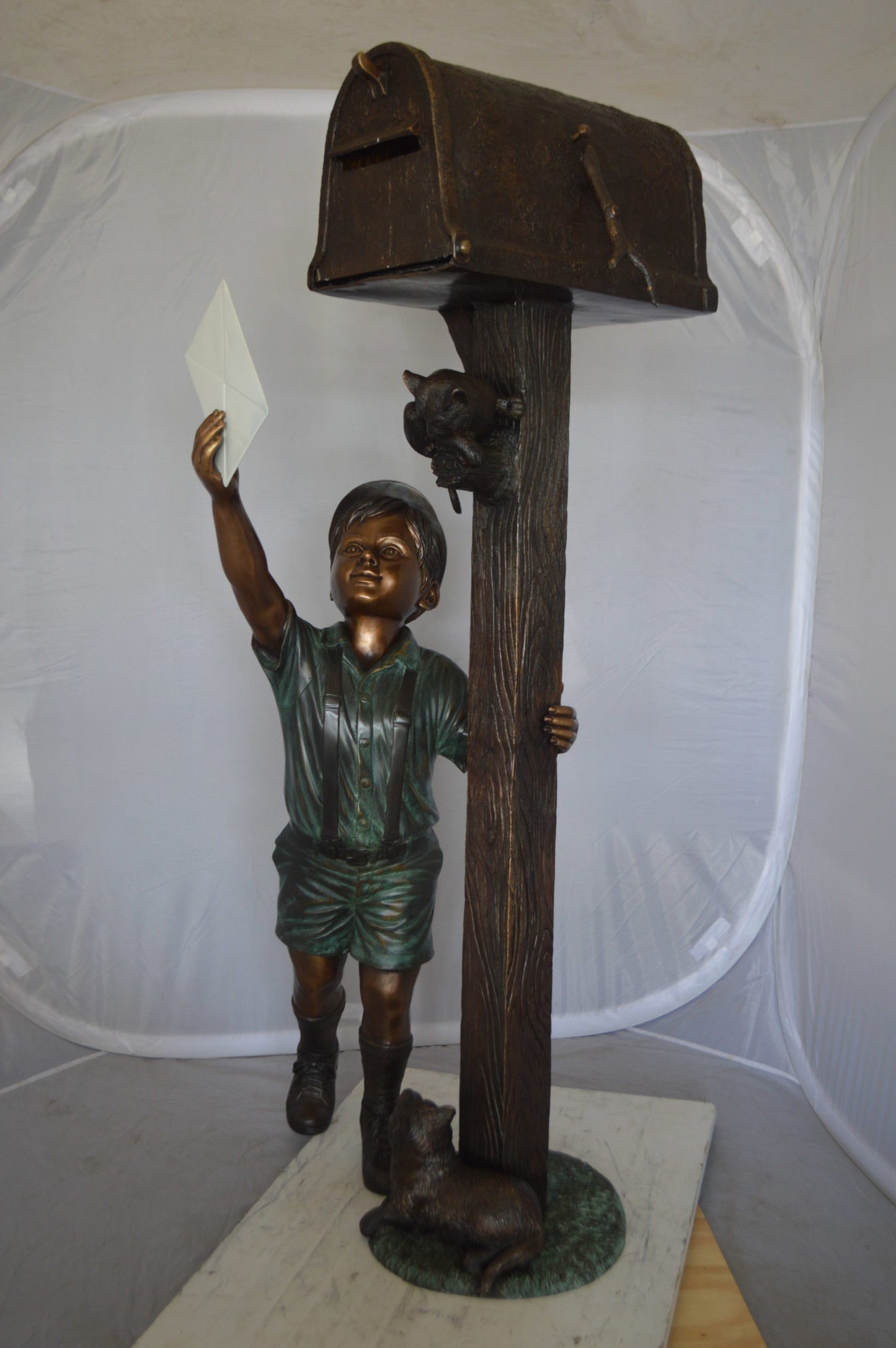 Standing Boy by Mailbox with Two cats  Bronze Statue -  23"x 19"x 50"H. 