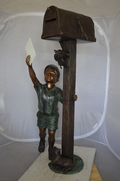 Standing Boy by Mailbox with Two cats  Bronze Statue -  23"x 19"x 50"H. 