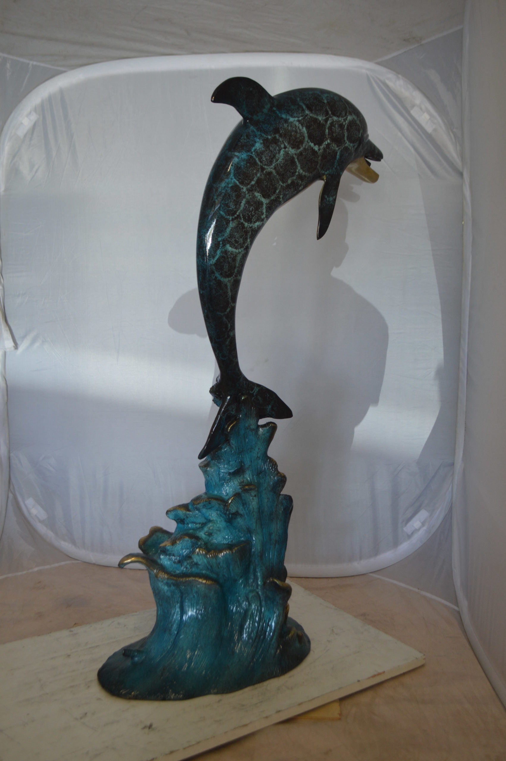 Single Dolphin  Fountain Bronze Statue -  Size: 22"L x 14"W x 45"H. 