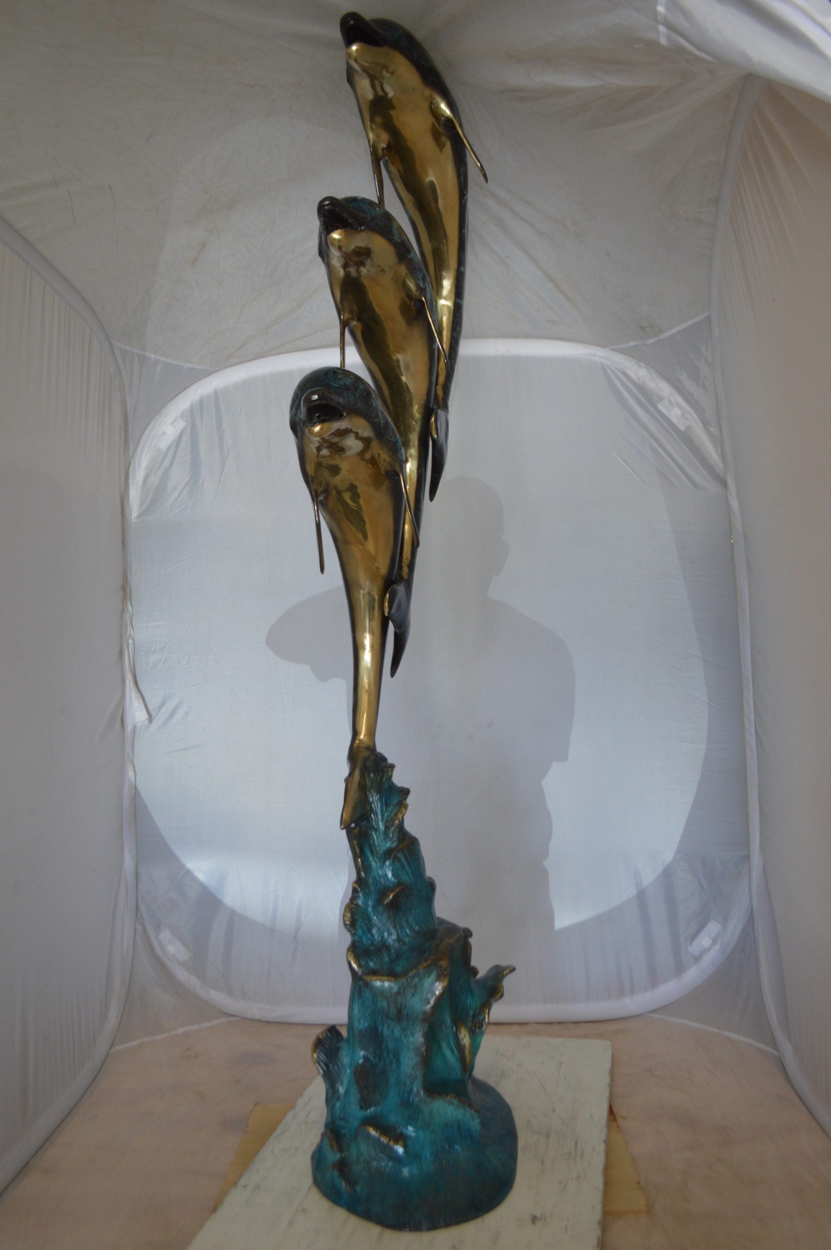 Three Dolphins Overreach Each Other Fountain  Bronze Statue -  22"x 15"x 68"H. 