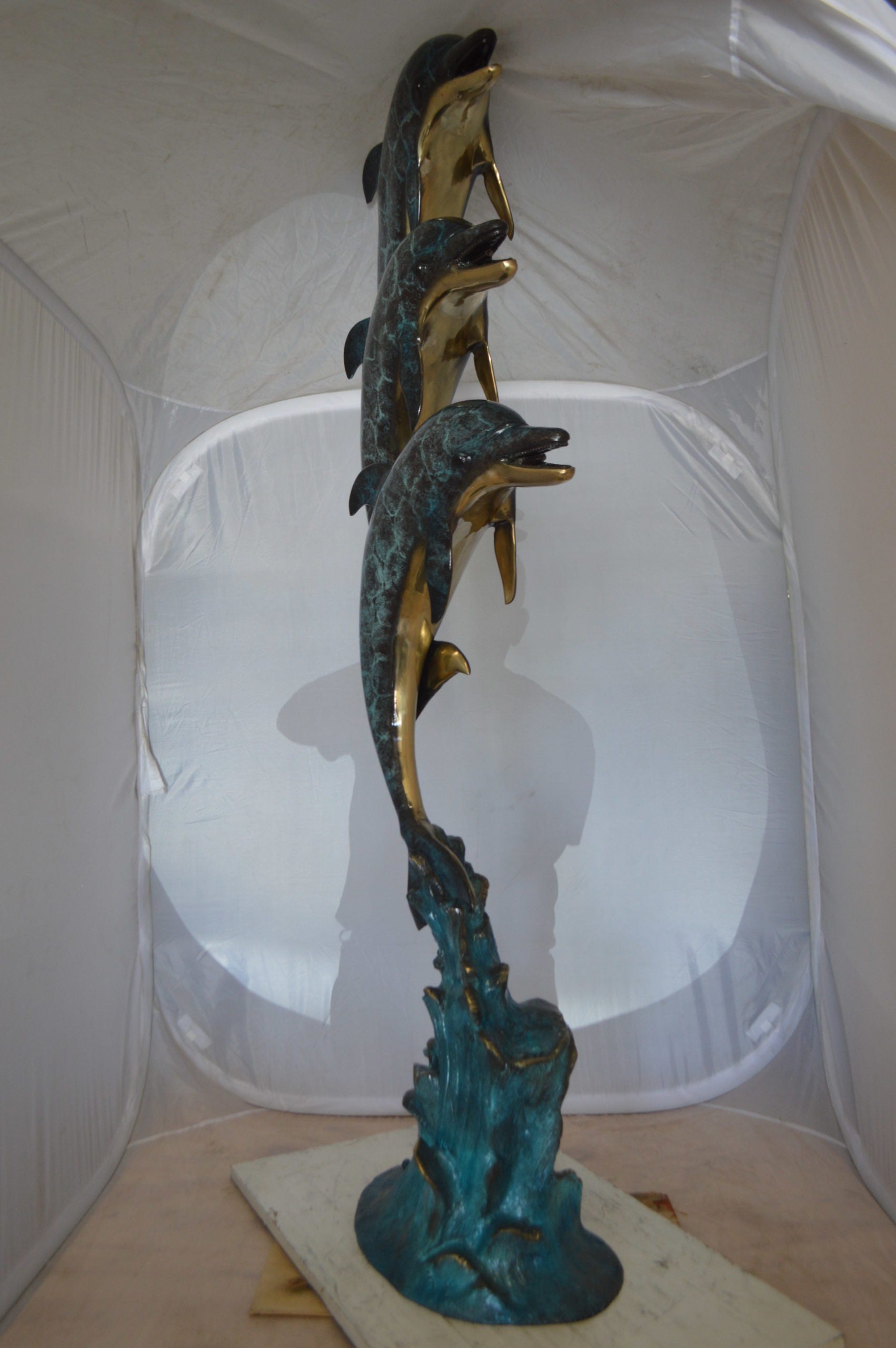 Three Dolphins Overreach Each Other Fountain  Bronze Statue -  22"x 15"x 68"H. 