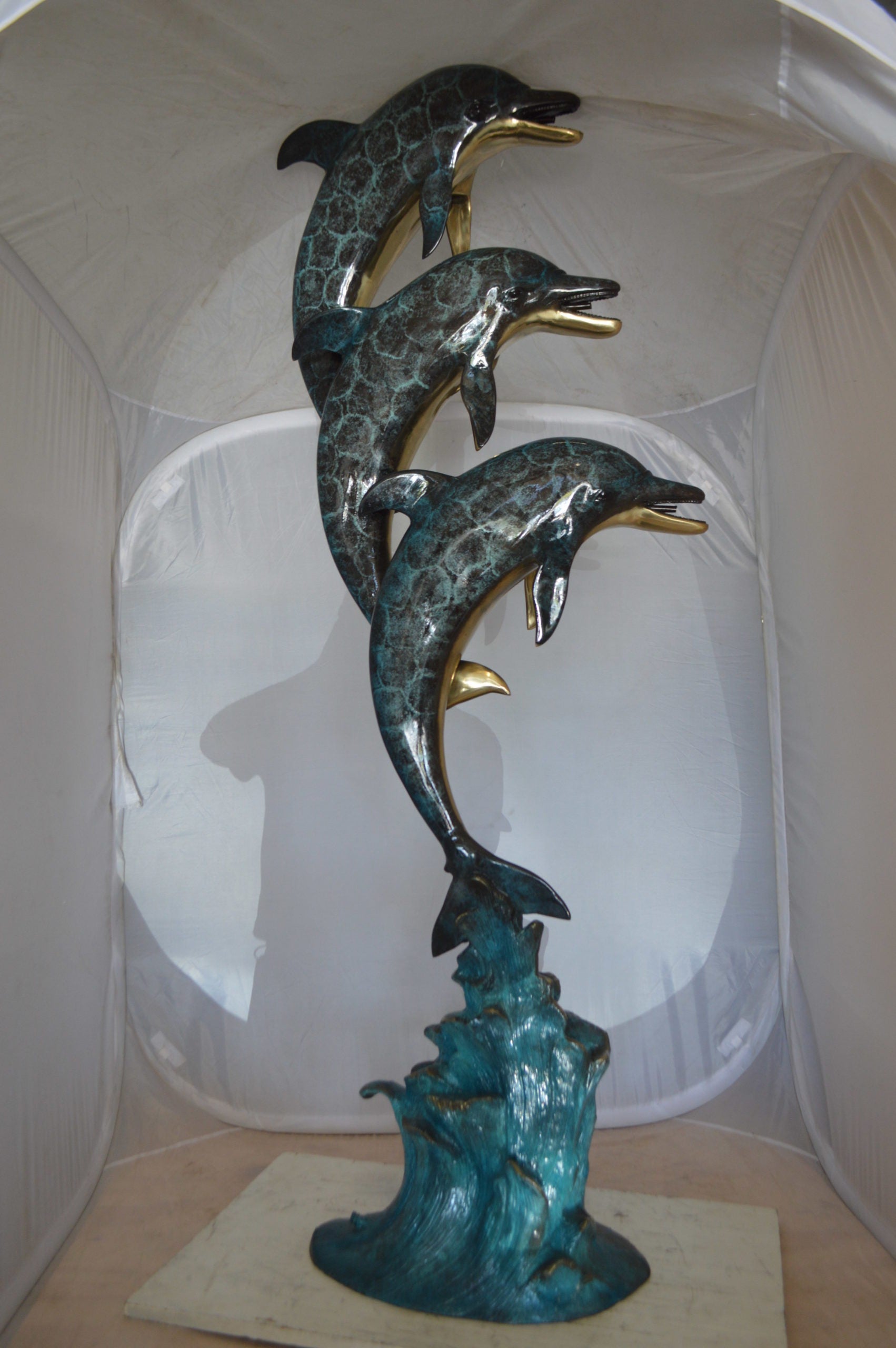 Three Dolphins Overreach Each Other Fountain  Bronze Statue -  22"x 15"x 68"H. 