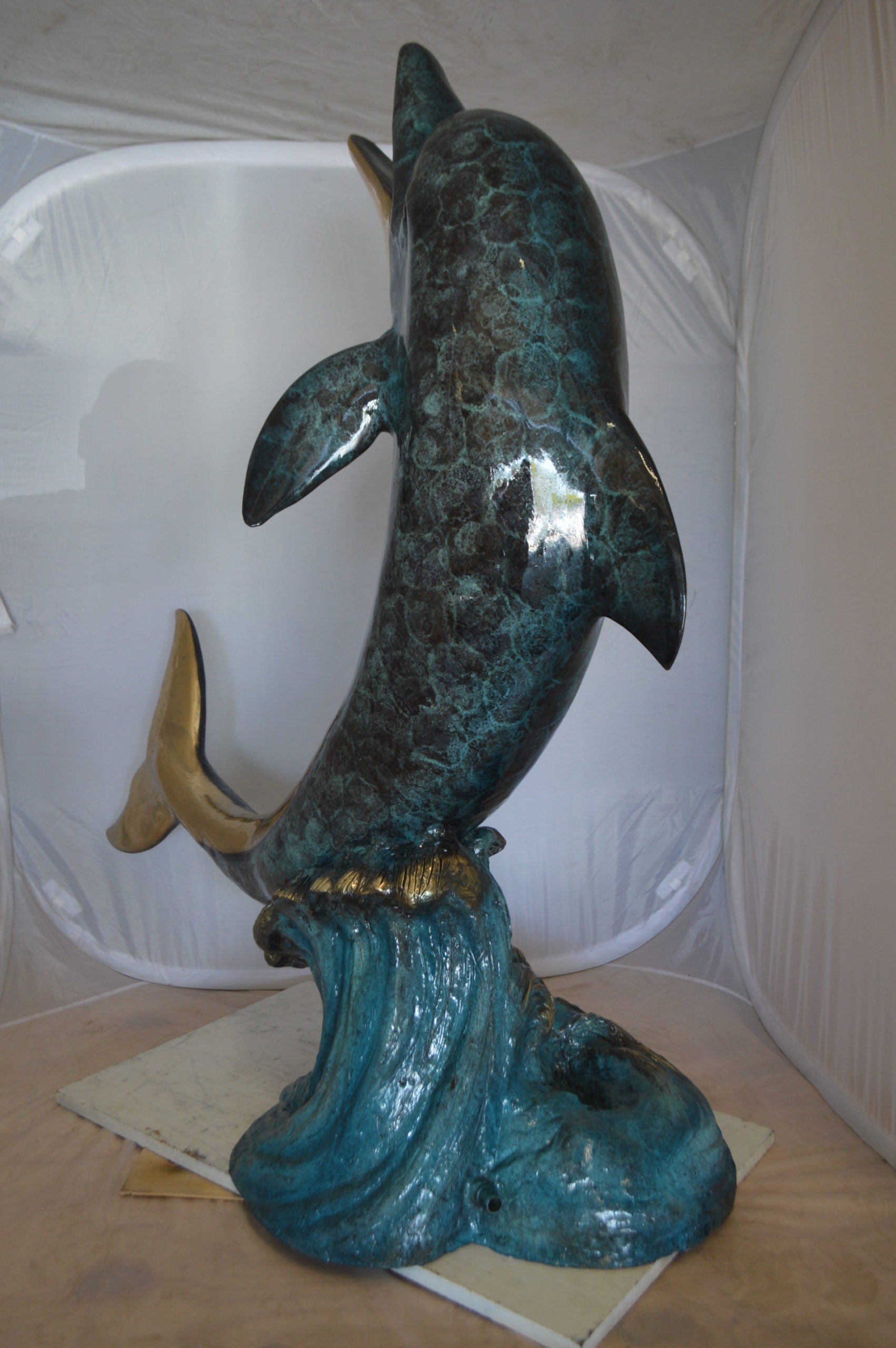 Single Dolphin  On Wave Fountain Bronze Statue -  Size: 48"L x 24"W x 53"H. 