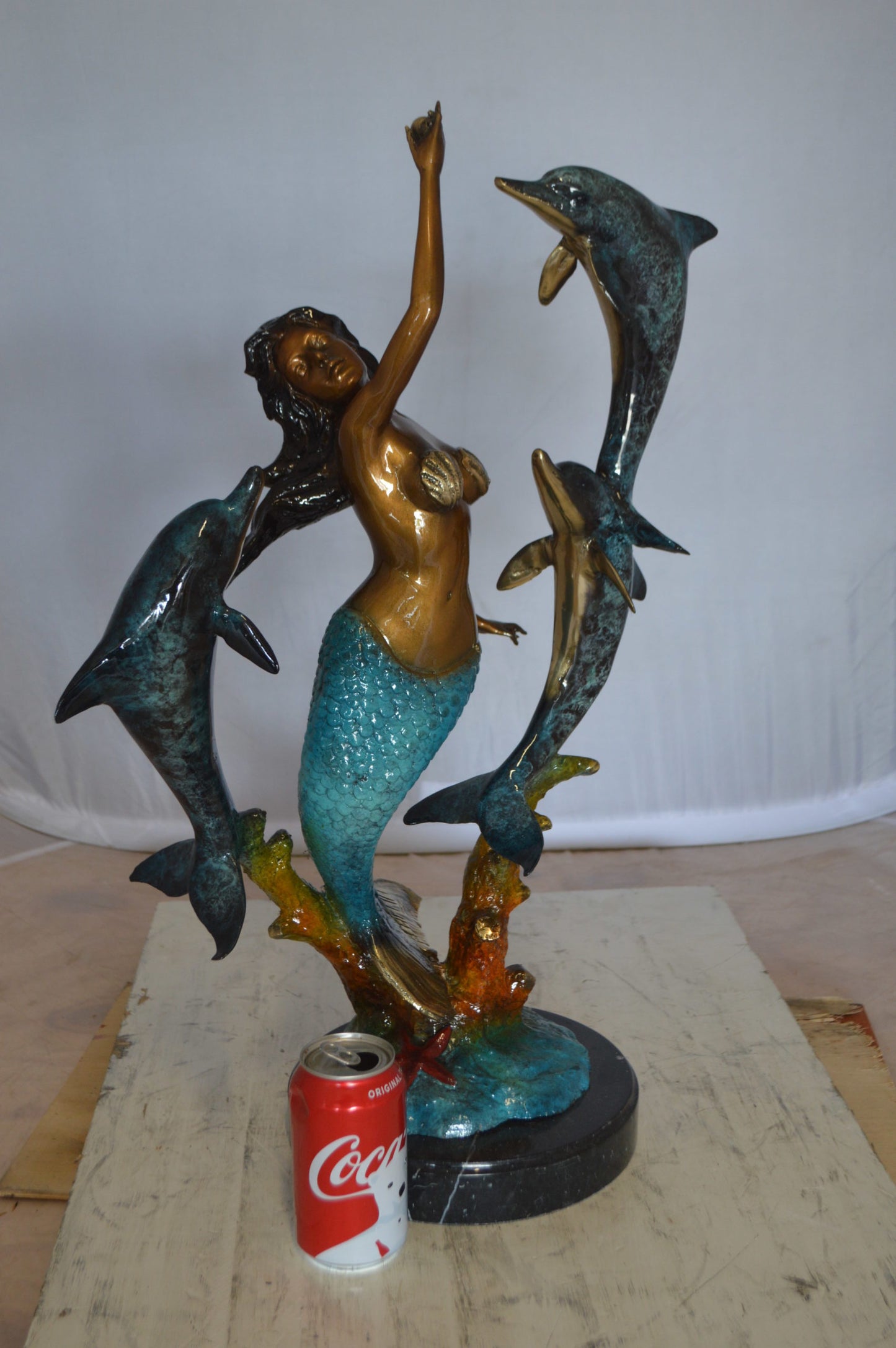 Mermaid With Three Dolphins Bronze Statue -  Size: 15"L x 8"W x 25"H. 