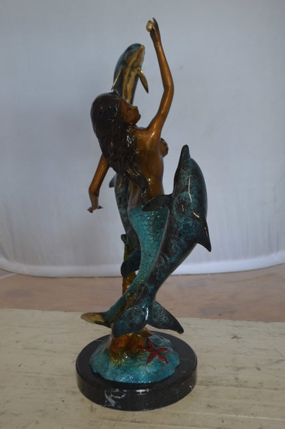Mermaid With Three Dolphins Bronze Statue -  Size: 15"L x 8"W x 25"H. 