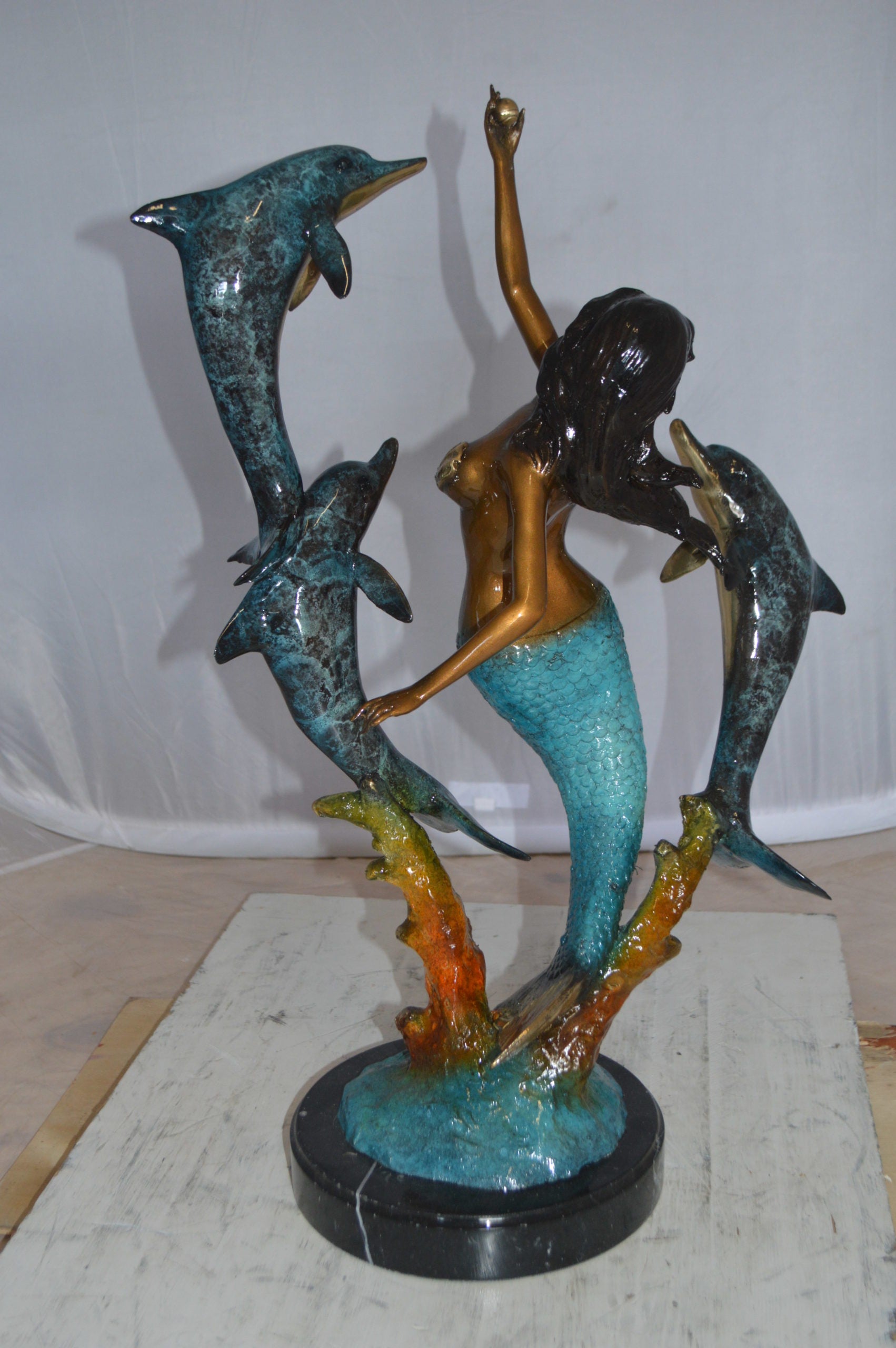 Mermaid With Three Dolphins Bronze Statue -  Size: 15"L x 8"W x 25"H. 