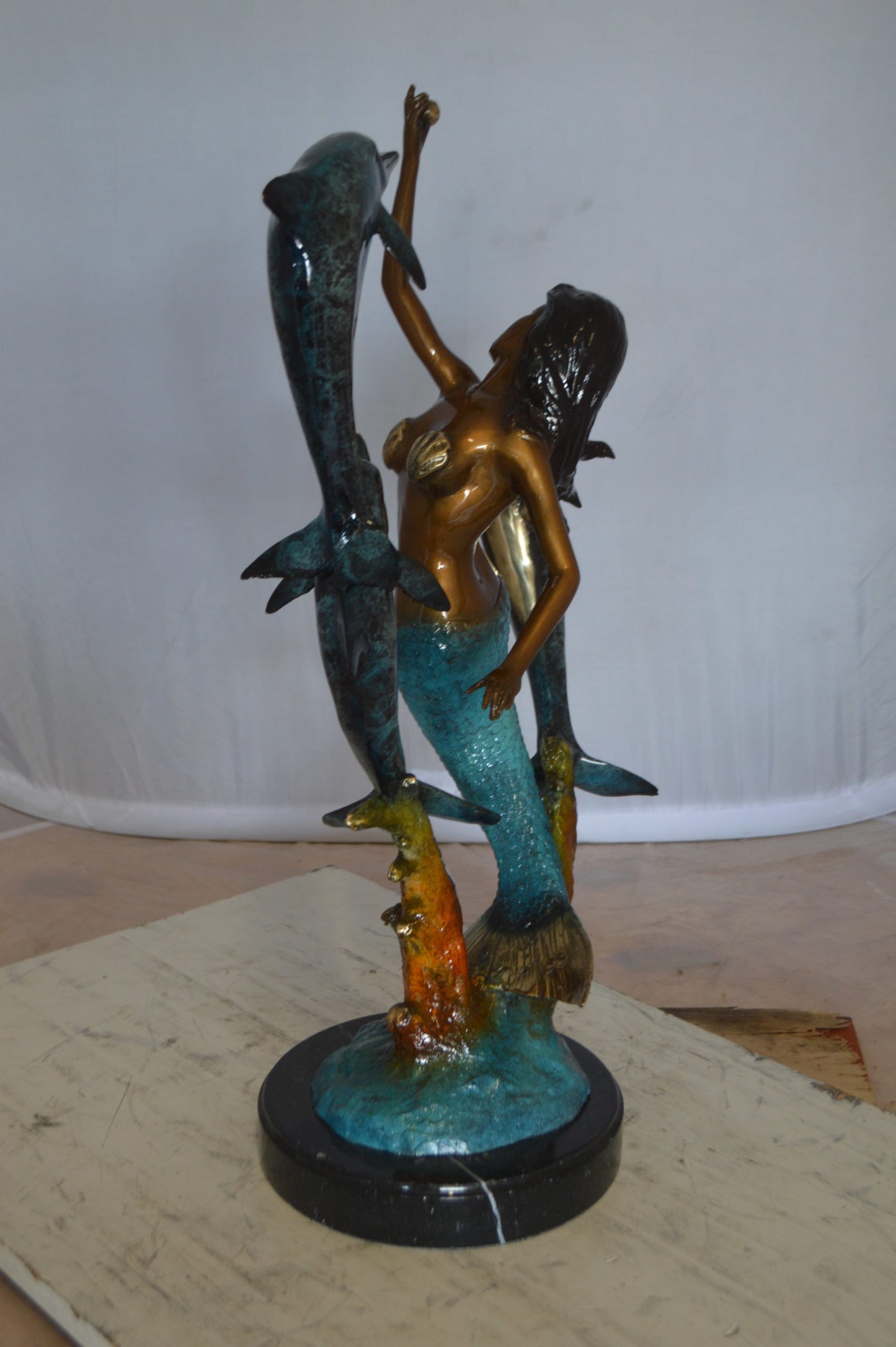 Mermaid With Three Dolphins Bronze Statue -  Size: 15"L x 8"W x 25"H. 