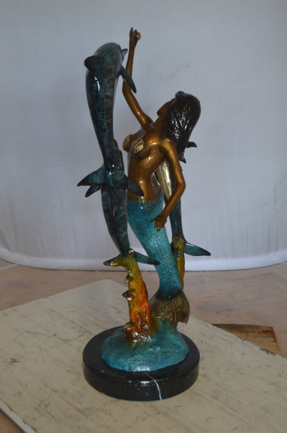 Mermaid With Three Dolphins Bronze Statue -  Size: 15"L x 8"W x 25"H. 