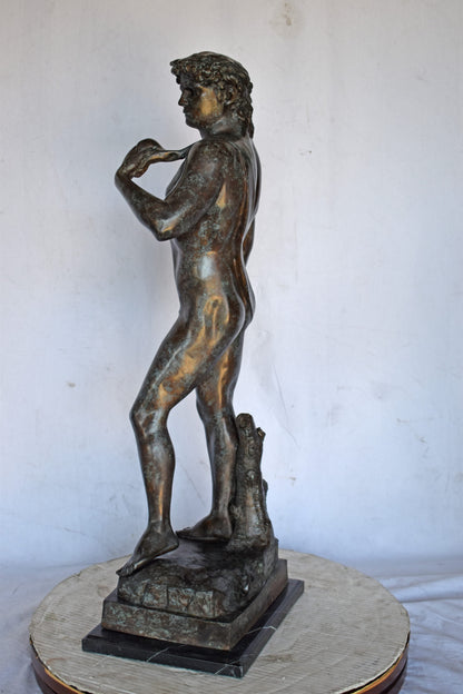 David by Michelangelo bronze statue replica  - Size: 13"L x 10"W x 36"H.