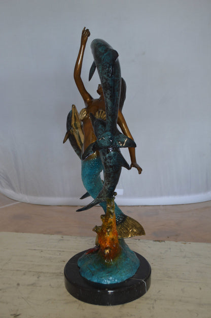 Mermaid With Three Dolphins Bronze Statue -  Size: 15"L x 8"W x 25"H. 