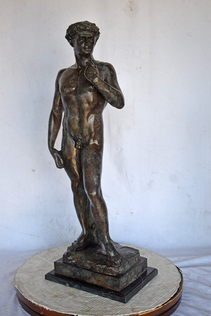 David by Michelangelo bronze statue replica  - Size: 13"L x 10"W x 36"H.