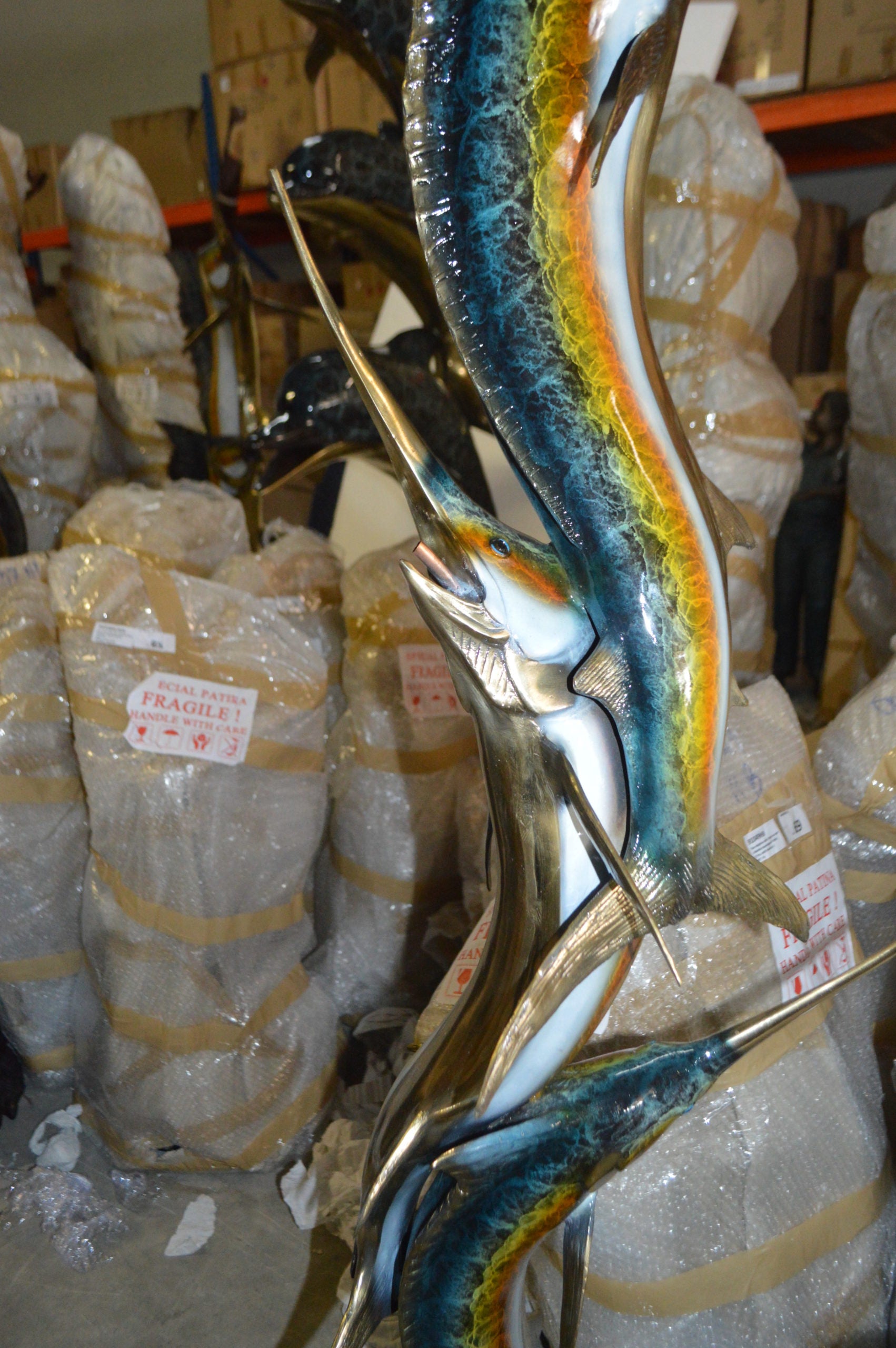 Three Marlin Fish /bronze Fountain on Triple Marble -  15"x 18"x 77"H. 