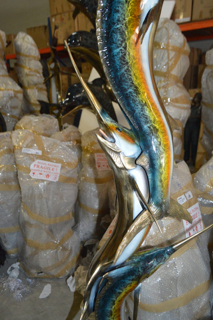Three Marlin Fish /bronze Fountain on Triple Marble -  15"x 18"x 77"H. 