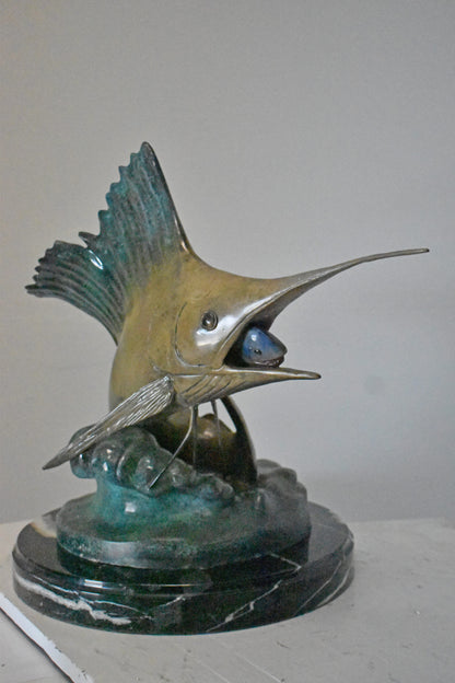 Sailfish Catching a Small Fish in Action Bronze Statue - Size: 26" x 16" x 25"H.