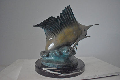 Sailfish Catching a Small Fish in Action Bronze Statue - Size: 26" x 16" x 25"H.