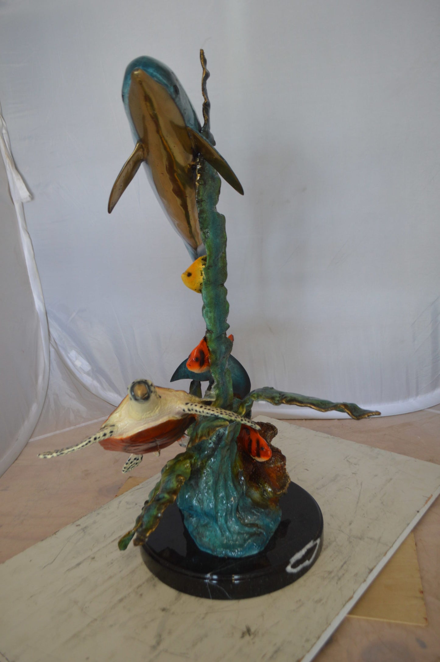 Dolphin , Turtle And Fish Bronze Statue -  Size: 18"L x 16"W x 25"H. 