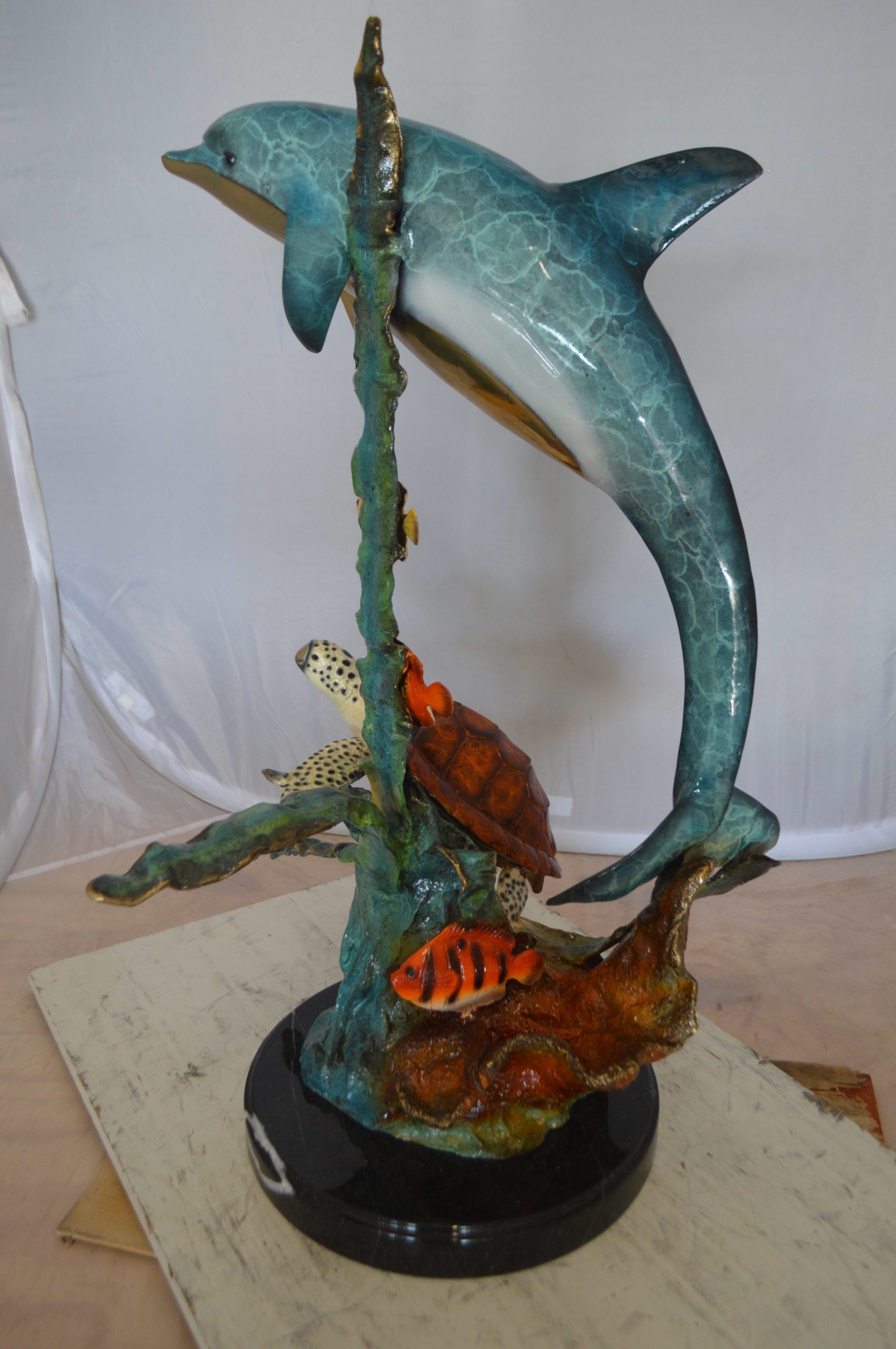 Dolphin , Turtle And Fish Bronze Statue -  Size: 18"L x 16"W x 25"H. 