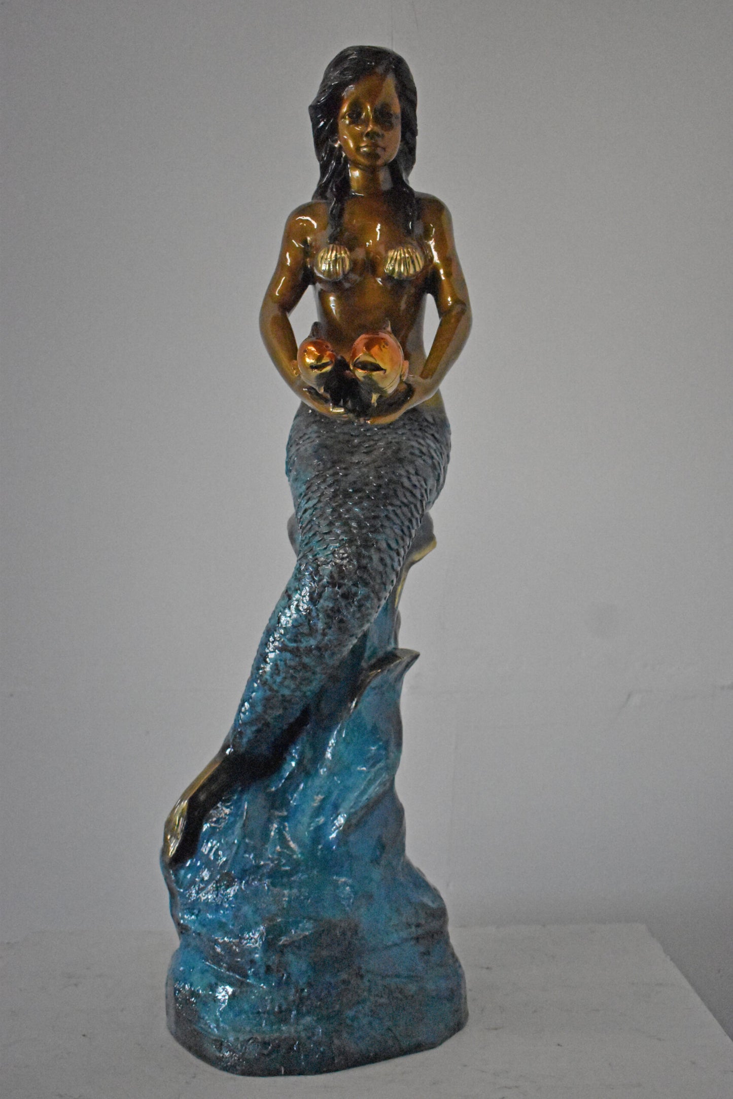 Mermaid Holding Two Fish Bronze Statue Color Finish - Size: 14" x 14" x 43"H.
