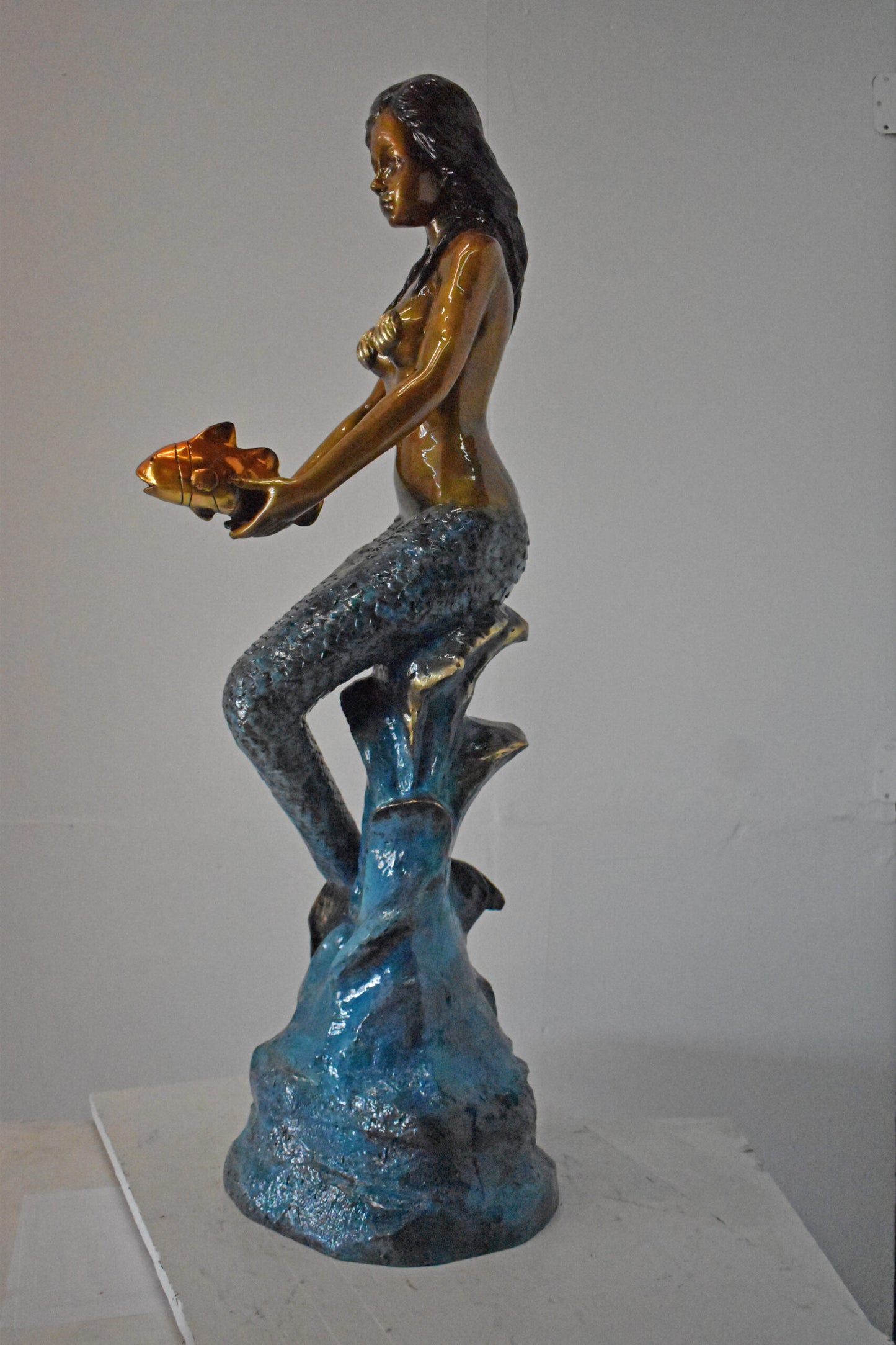Mermaid Holding Two Fish Bronze Statue Color Finish - Size: 14" x 14" x 43"H.