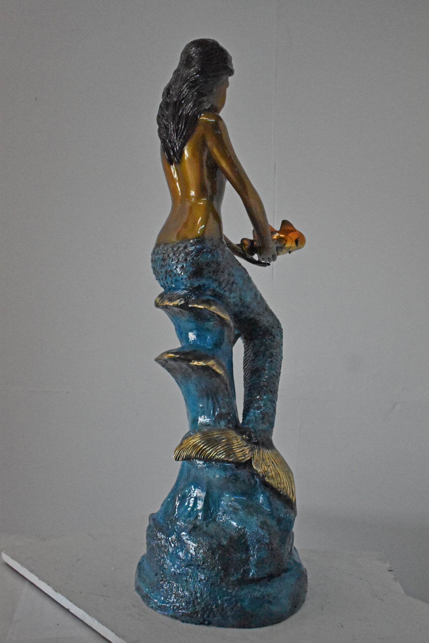 Mermaid Holding Two Fish Bronze Statue Color Finish - Size: 14" x 14" x 43"H.