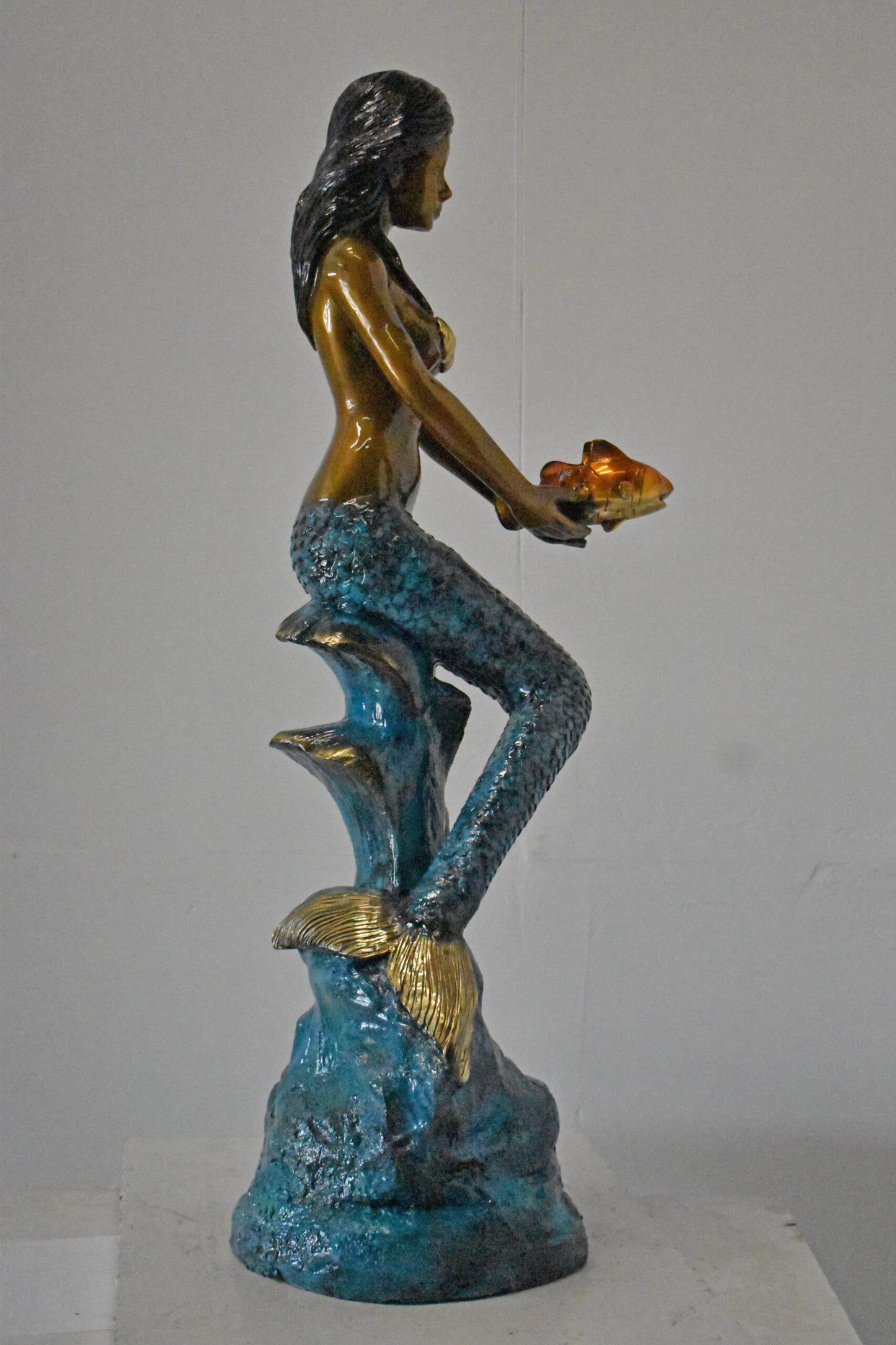 Mermaid Holding Two Fish Bronze Statue Color Finish - Size: 14" x 14" x 43"H.