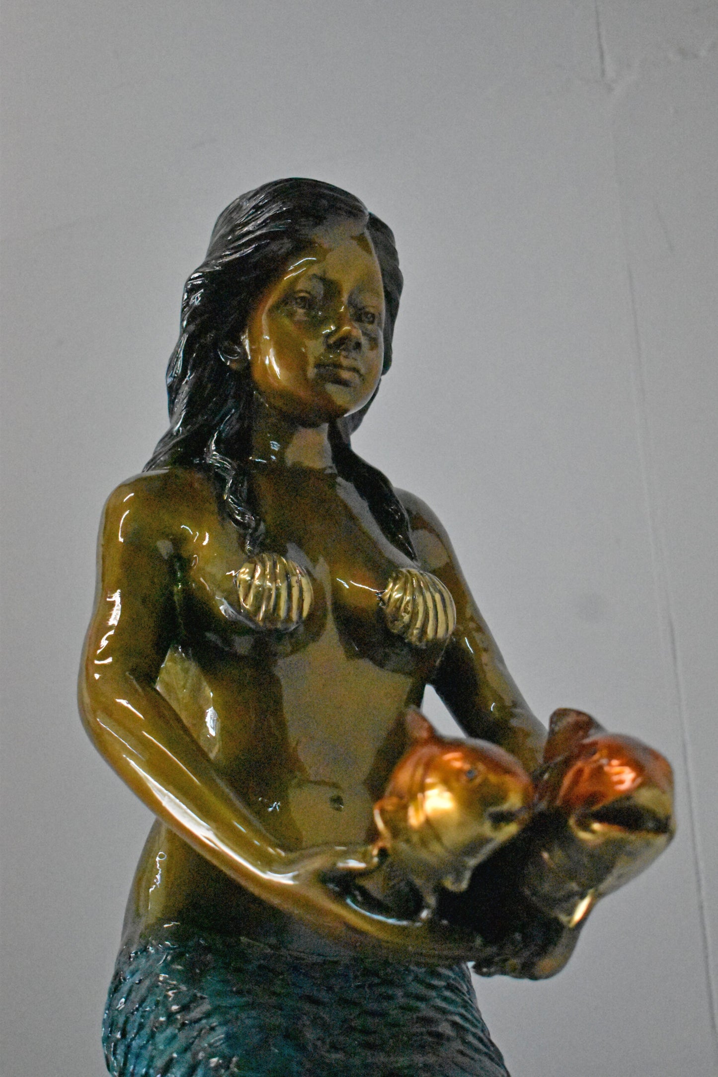 Mermaid Holding Two Fish Bronze Statue Color Finish - Size: 14" x 14" x 43"H.
