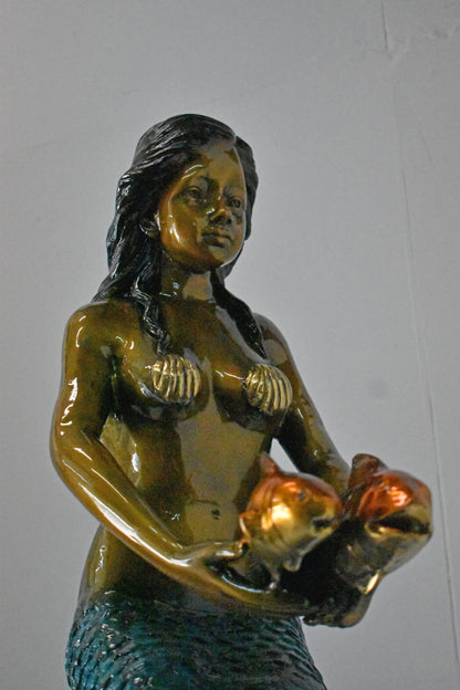 Mermaid Holding Two Fish Bronze Statue Color Finish - Size: 14" x 14" x 43"H.