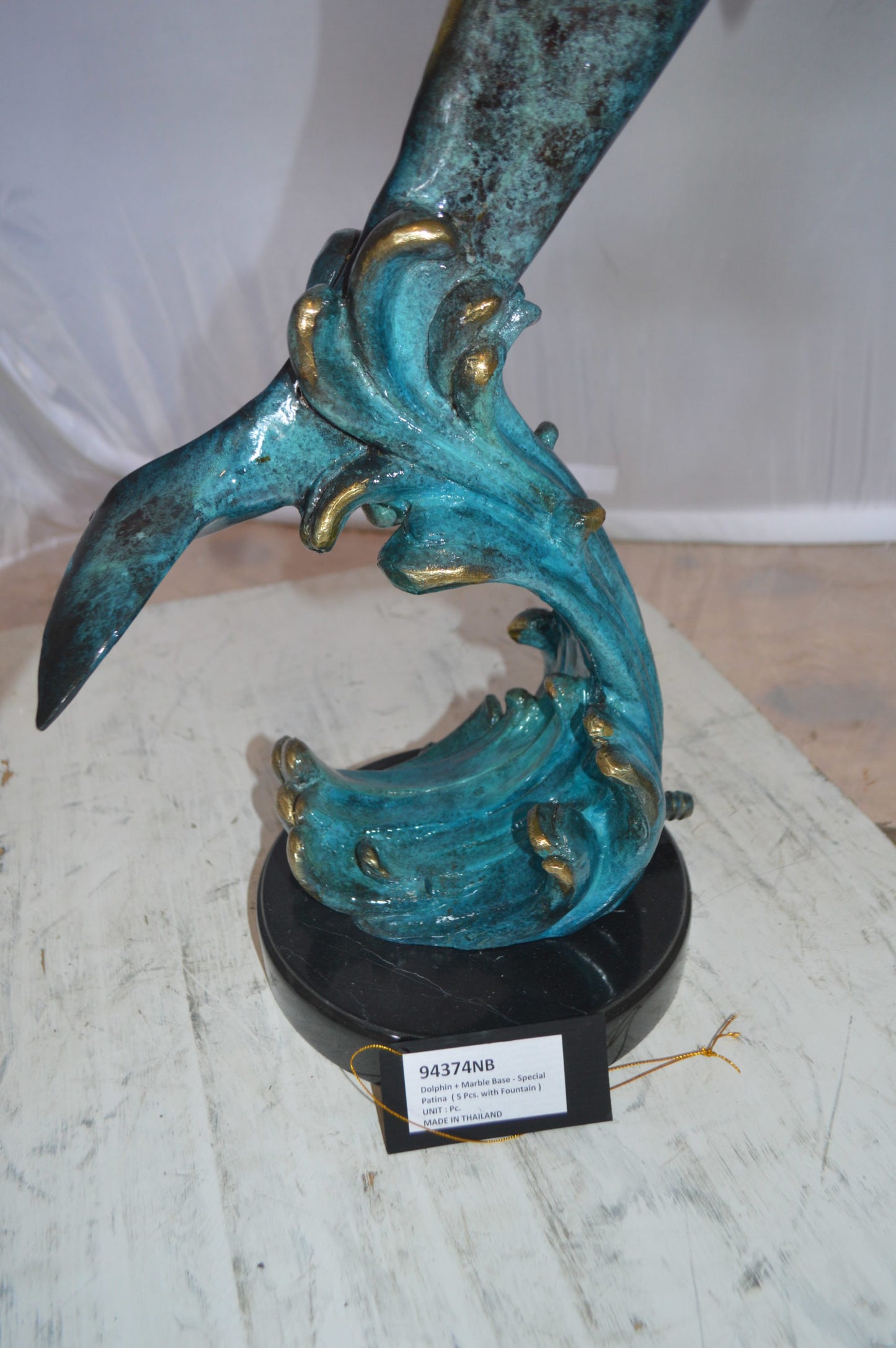 Dolphin Fountain  On A Marble Base Bronze Statue -  Size: 12"L x 8"W x 30"H. 