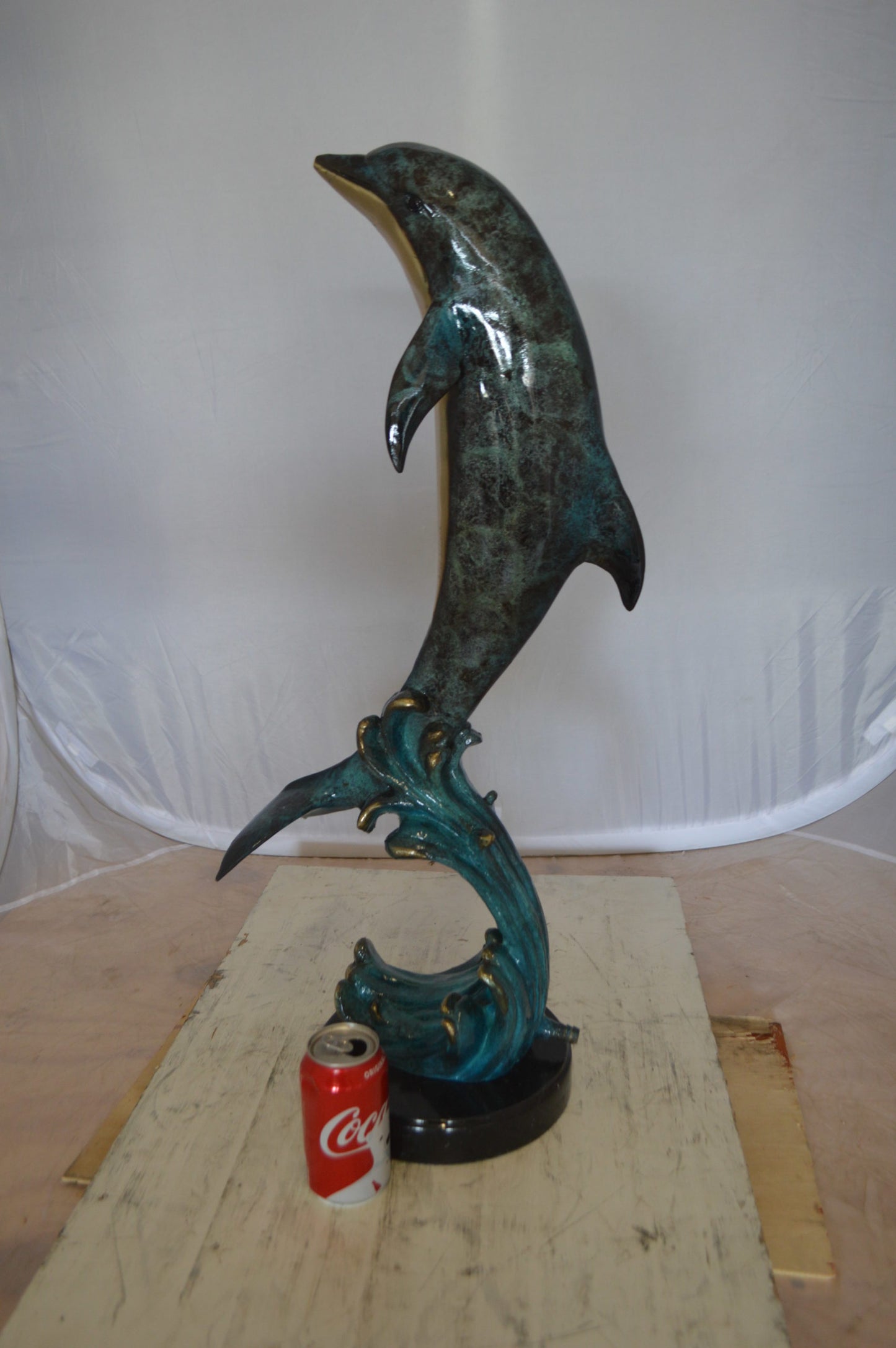 Dolphin Fountain  On A Marble Base Bronze Statue -  Size: 12"L x 8"W x 30"H. 