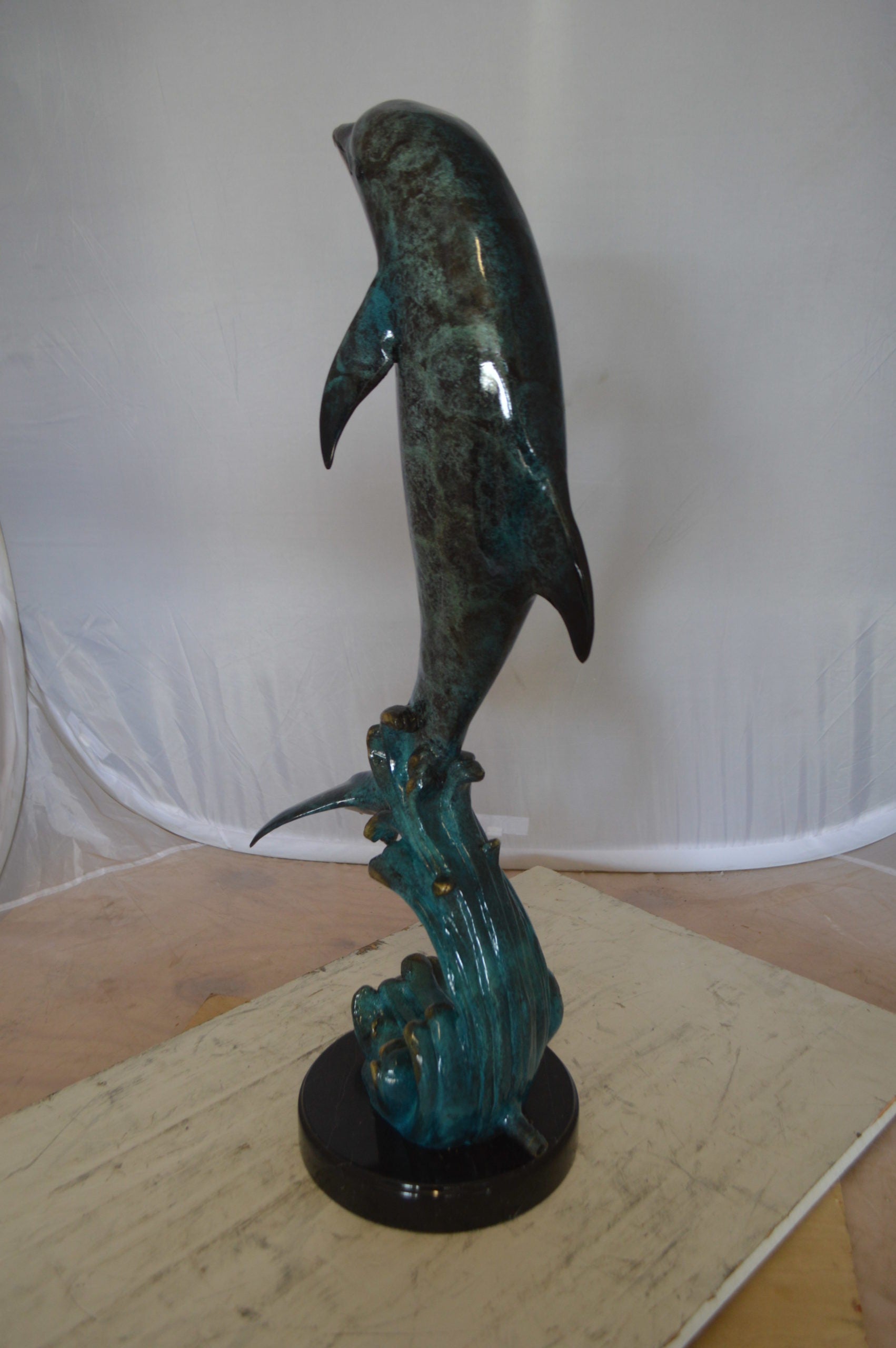 Dolphin Fountain  On A Marble Base Bronze Statue -  Size: 12"L x 8"W x 30"H. 