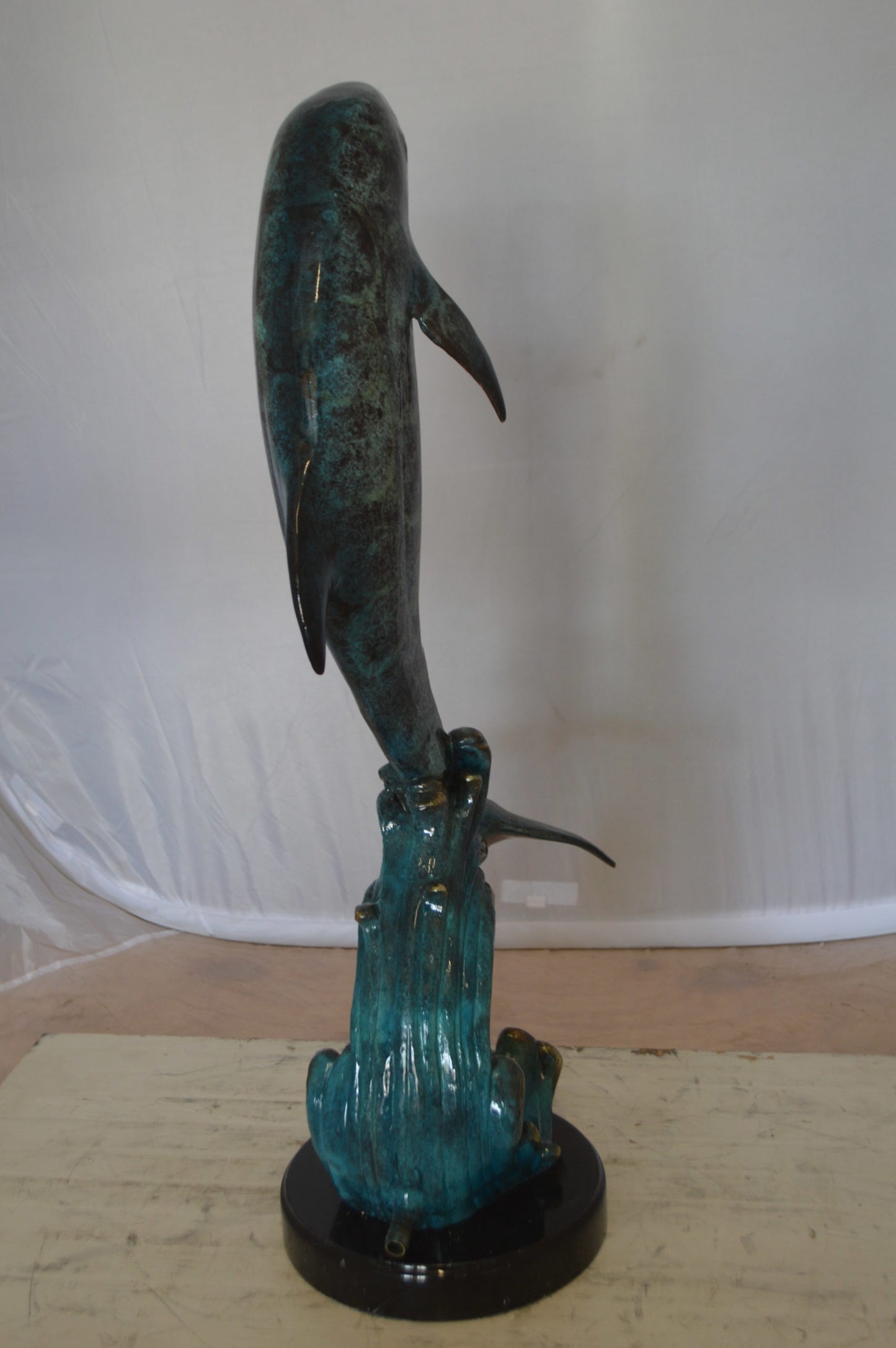 Dolphin Fountain  On A Marble Base Bronze Statue -  Size: 12"L x 8"W x 30"H. 