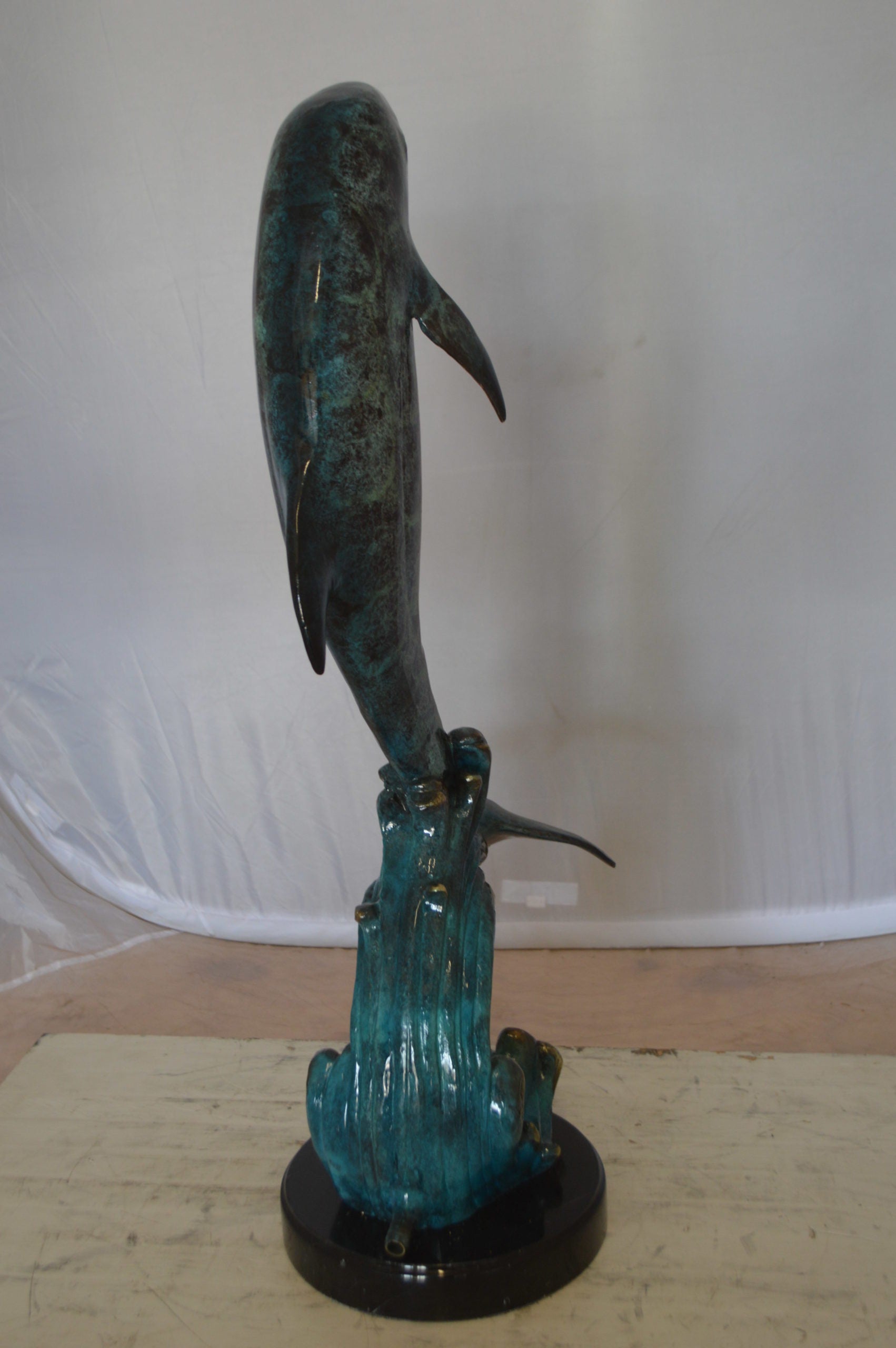 Dolphin Fountain  On A Marble Base Bronze Statue -  Size: 12"L x 8"W x 30"H. 