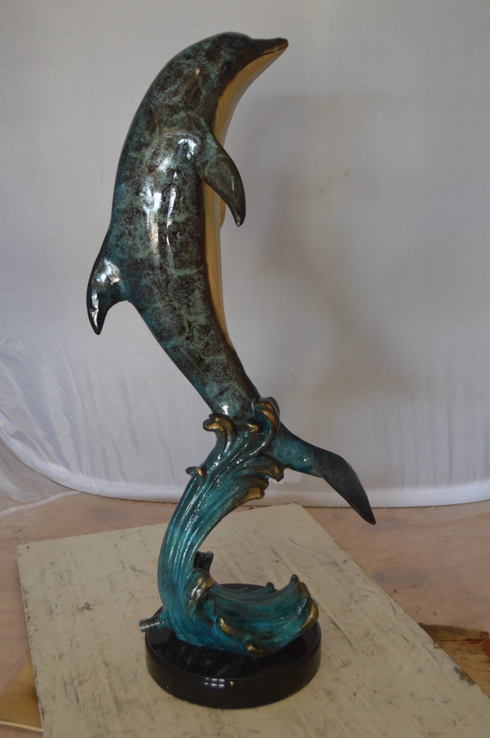 Dolphin Fountain  On A Marble Base Bronze Statue -  Size: 12"L x 8"W x 30"H. 