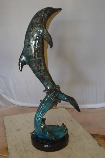 Dolphin Fountain  On A Marble Base Bronze Statue -  Size: 12"L x 8"W x 30"H. 