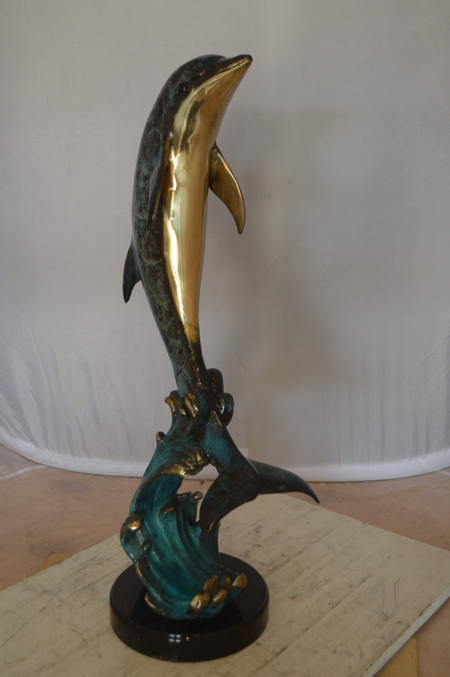 Dolphin Fountain  On A Marble Base Bronze Statue -  Size: 12"L x 8"W x 30"H. 