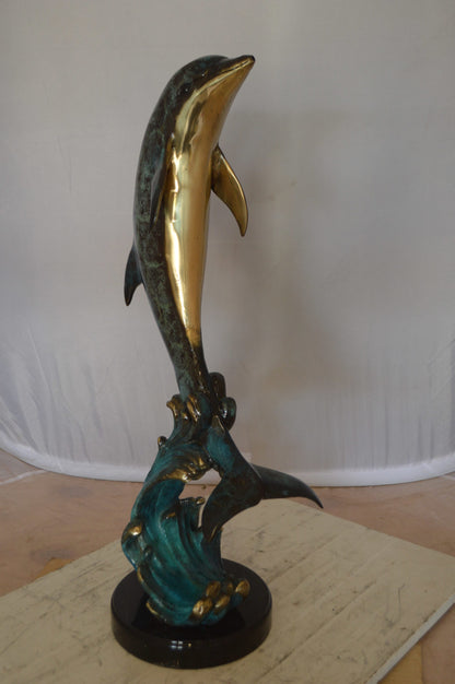 Dolphin Fountain  On A Marble Base Bronze Statue -  Size: 12"L x 8"W x 30"H. 