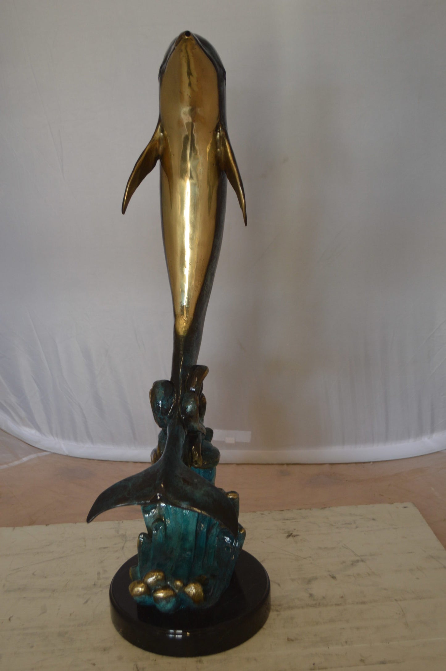 Dolphin Fountain  On A Marble Base Bronze Statue -  Size: 12"L x 8"W x 30"H. 