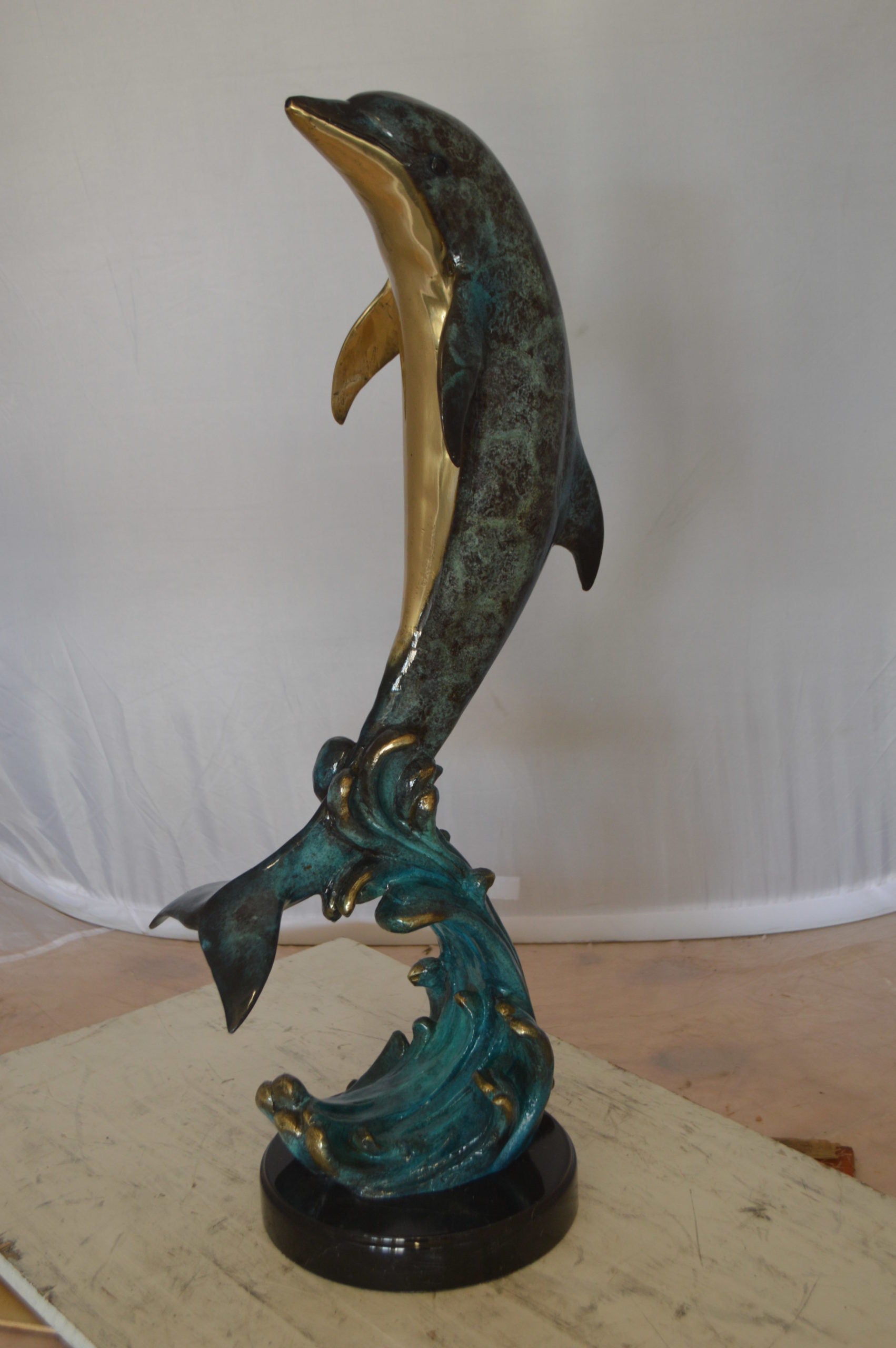 Dolphin Fountain  On A Marble Base Bronze Statue -  Size: 12"L x 8"W x 30"H. 