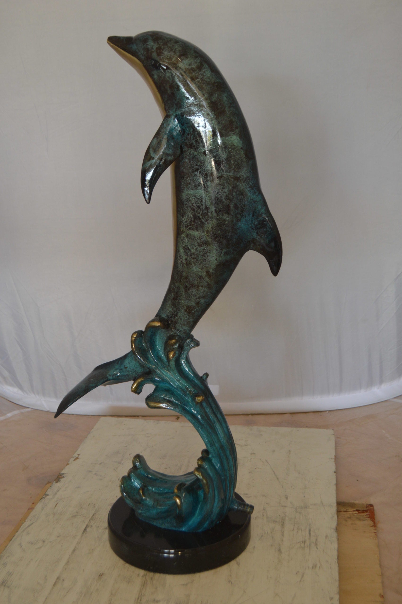 Dolphin Fountain  On A Marble Base Bronze Statue -  Size: 12"L x 8"W x 30"H. 