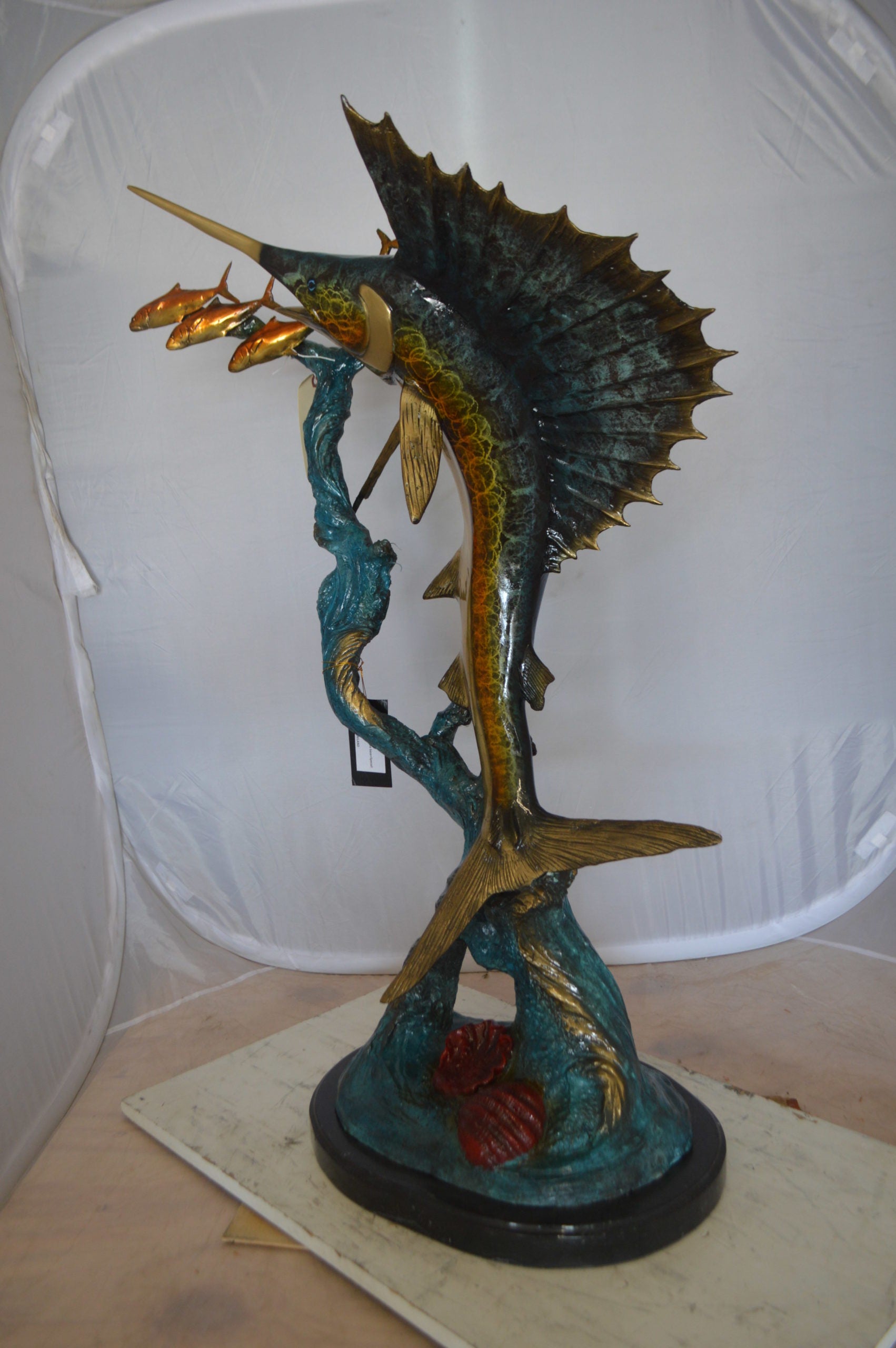 Sailfish With Small Fish Bronze Statue -  Size: 29"L x 17"W x 40"H. 