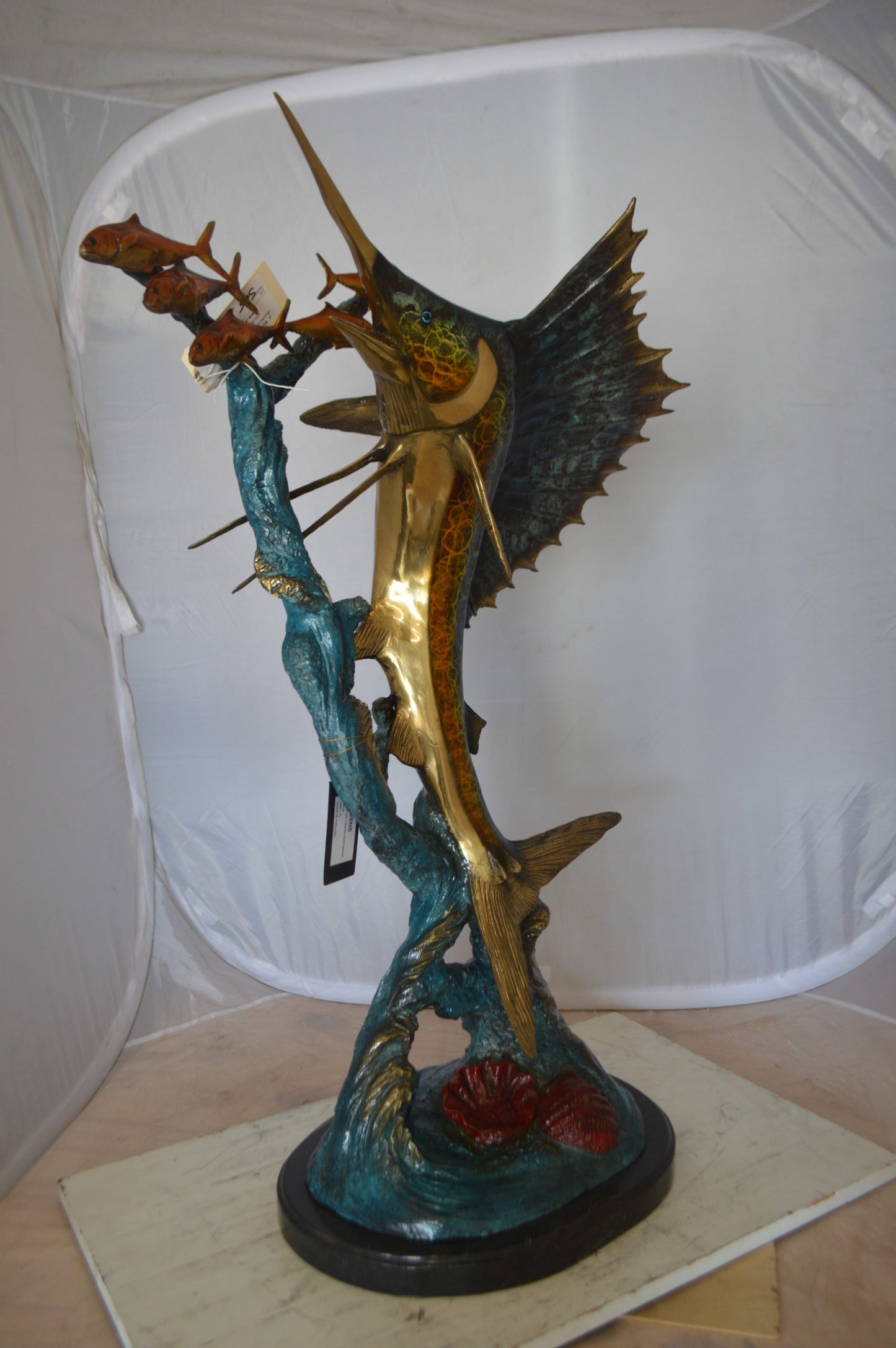Sailfish With Small Fish Bronze Statue -  Size: 29"L x 17"W x 40"H. 