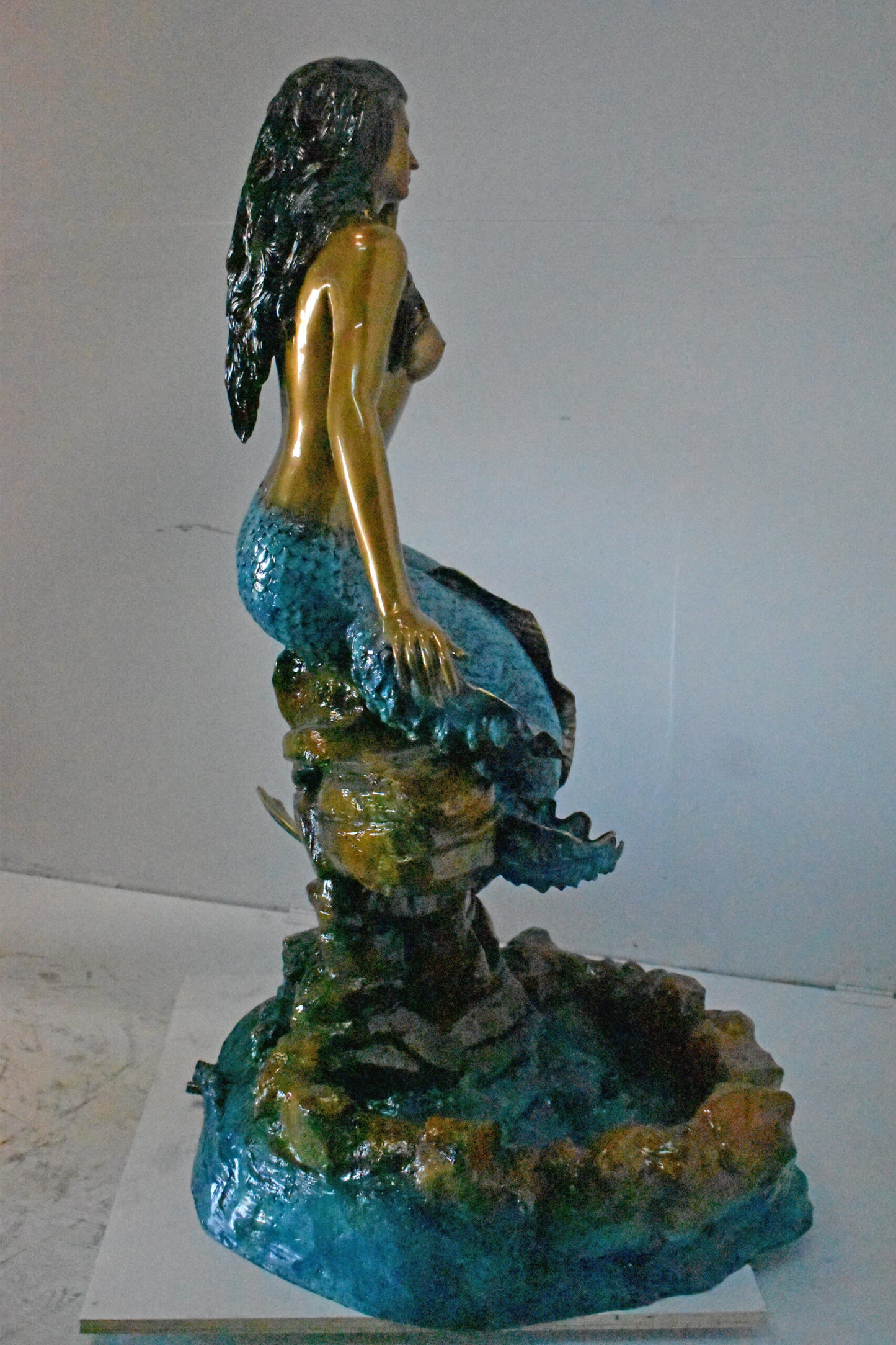Beautiful Large Mermaid Bronze Statue Fountain - Size: 35"L x 32"W x 53"H.
