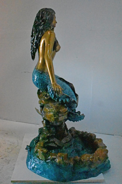 Beautiful Large Mermaid Bronze Statue Fountain - Size: 35"L x 32"W x 53"H.