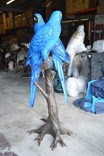Pair of Blue Parrots on a tree - Bronze Statue -  Size: 43"L x 28"W x 67"H. 