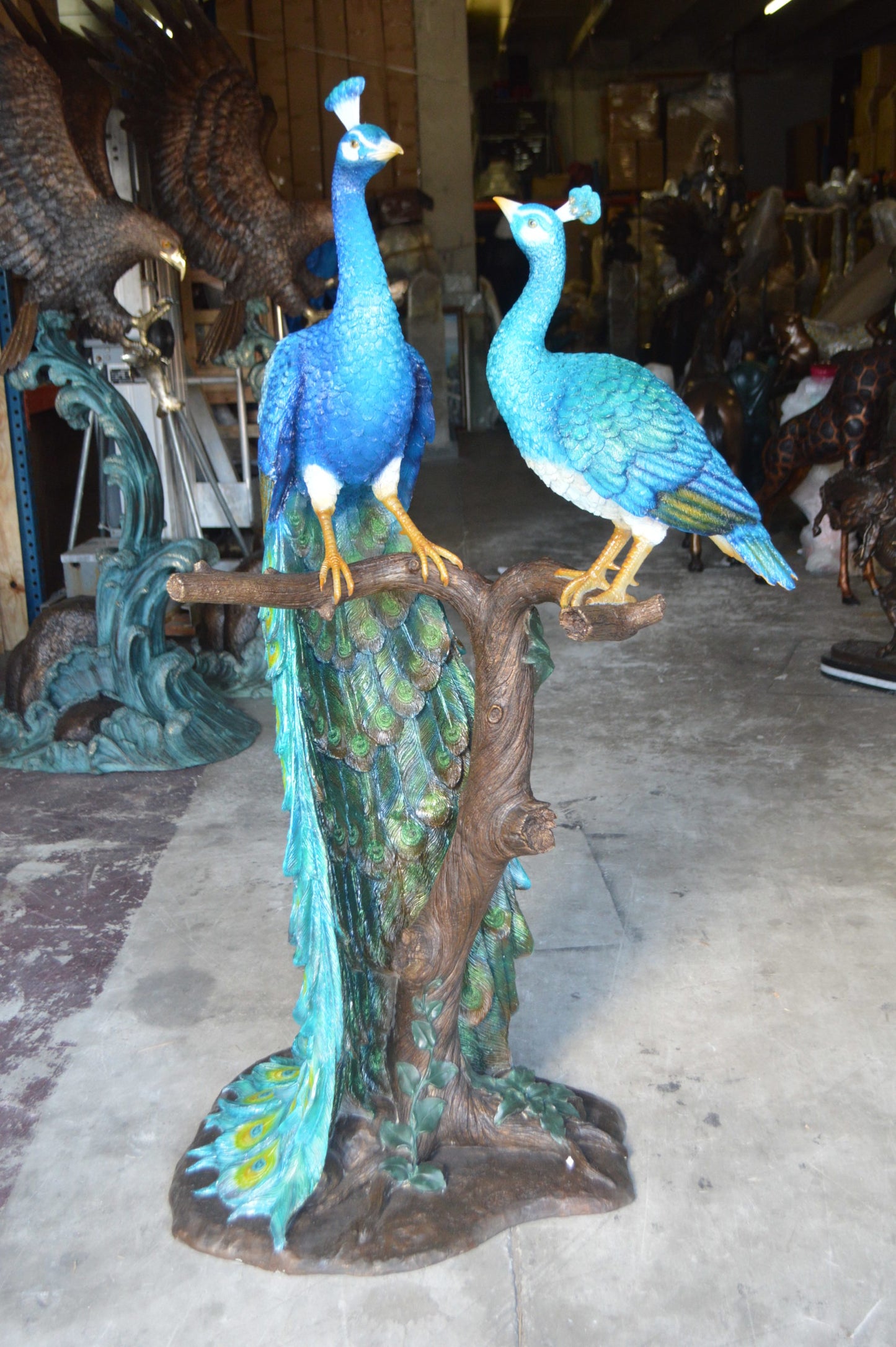 Pair of Peacocks on a Tree Bronze Statue -  Size: 30"L x 27"W x 66"H. 